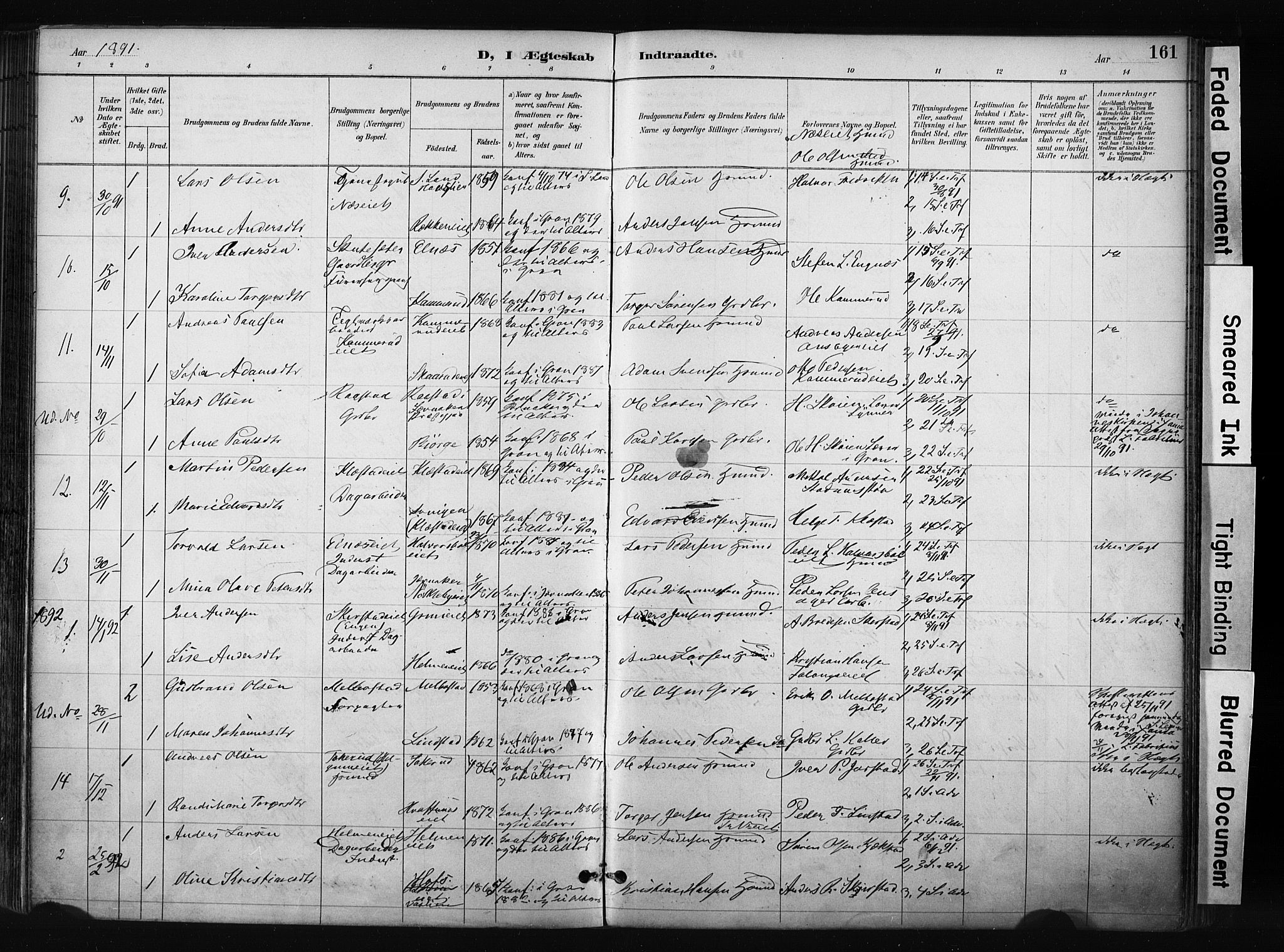 Gran prestekontor, SAH/PREST-112/H/Ha/Haa/L0017: Parish register (official) no. 17, 1889-1897, p. 161