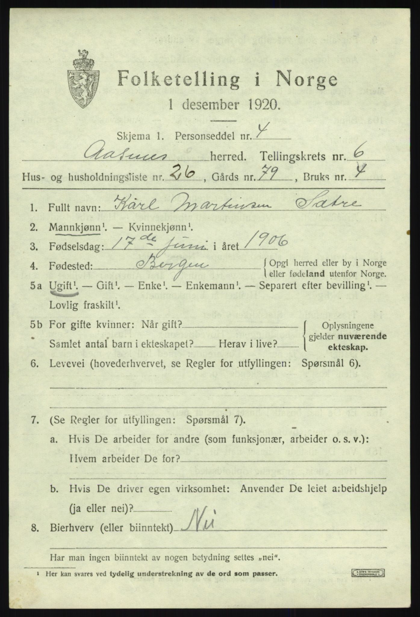 SAB, 1920 census for Åsane, 1920, p. 4455