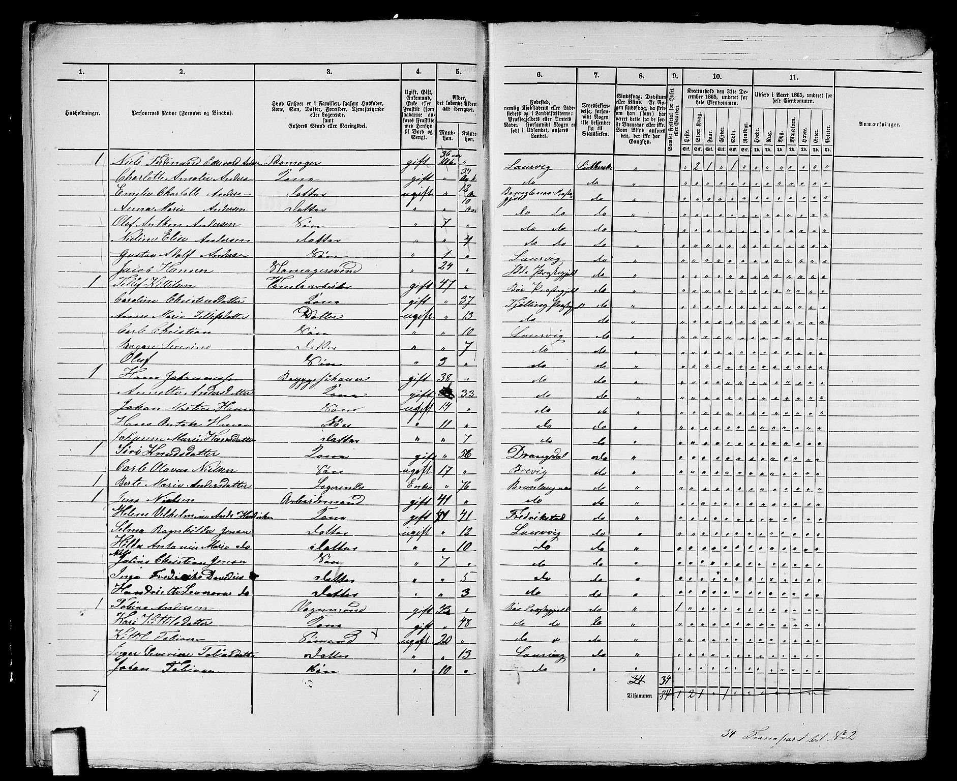 RA, 1865 census for Larvik, 1865, p. 21