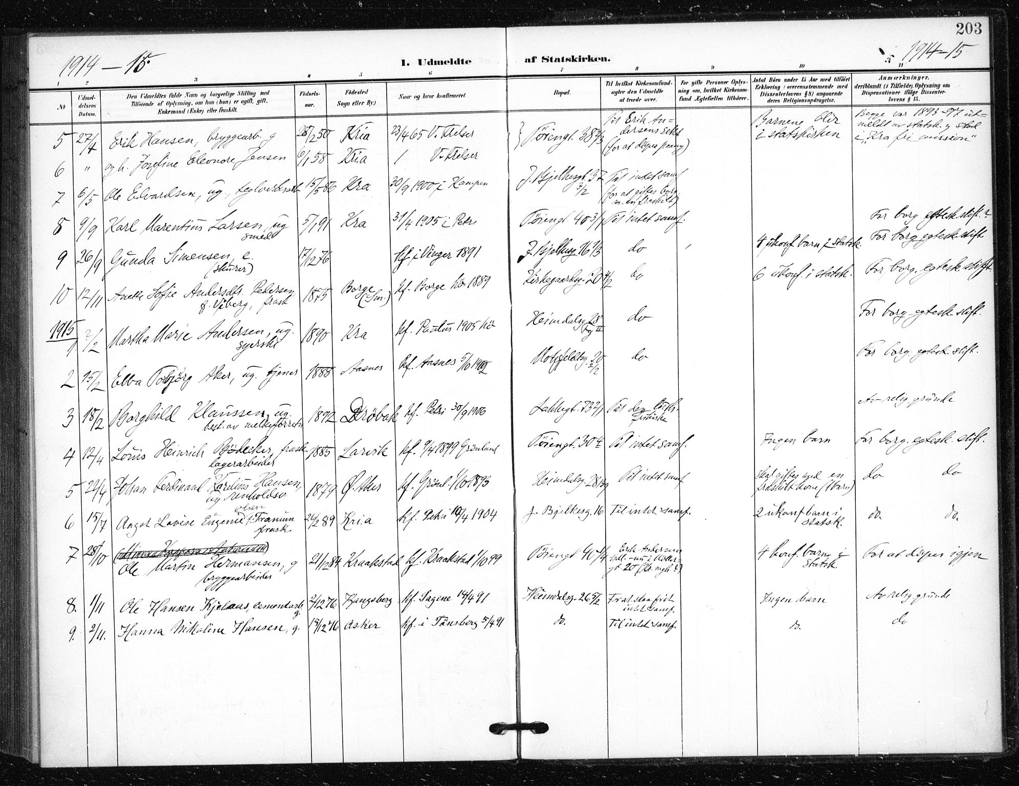 Tøyen prestekontor Kirkebøker, SAO/A-10167a/F/Fa/L0002: Parish register (official) no. 2, 1907-1916, p. 203