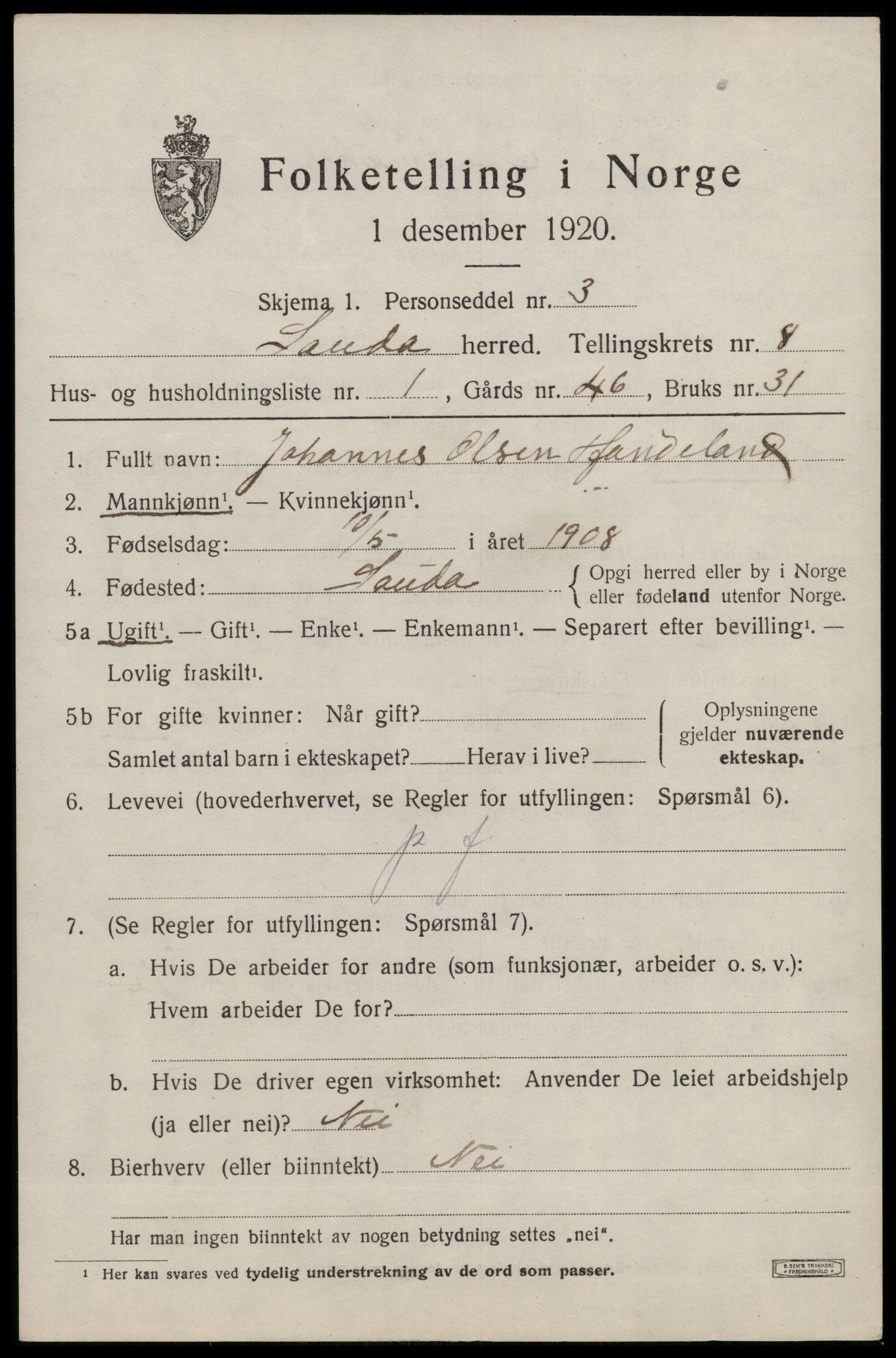 SAST, 1920 census for Sauda, 1920, p. 4766