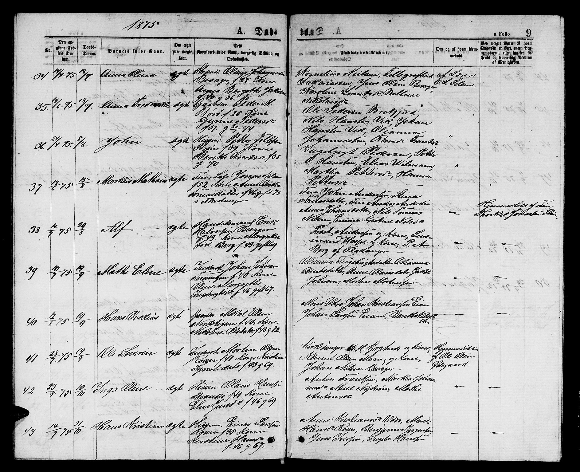 Ministerialprotokoller, klokkerbøker og fødselsregistre - Sør-Trøndelag, SAT/A-1456/657/L0715: Parish register (copy) no. 657C02, 1873-1888, p. 9