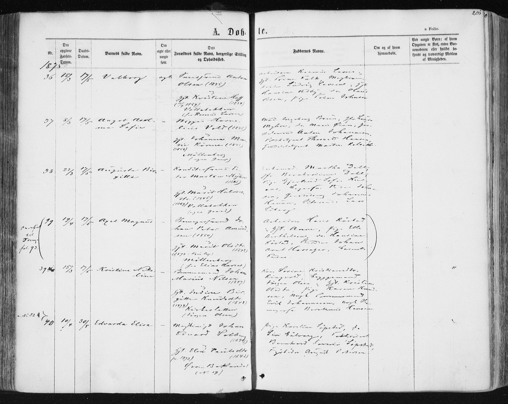 Ministerialprotokoller, klokkerbøker og fødselsregistre - Sør-Trøndelag, AV/SAT-A-1456/604/L0186: Parish register (official) no. 604A07, 1866-1877, p. 206