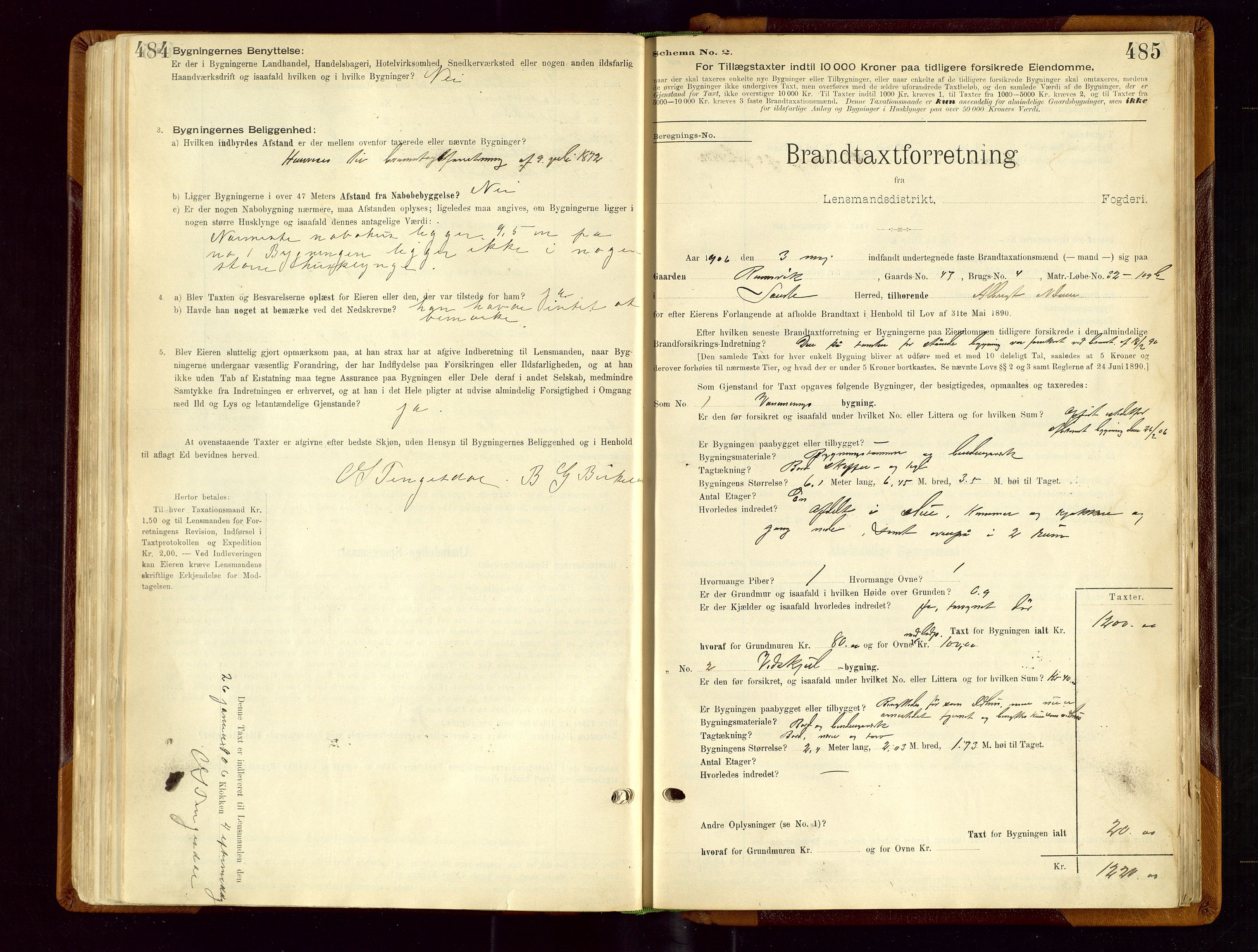 Sauda lensmannskontor, SAST/A-100177/Gob/L0001: Branntakstprotokoll - skjematakst, 1894-1914, p. 484-485