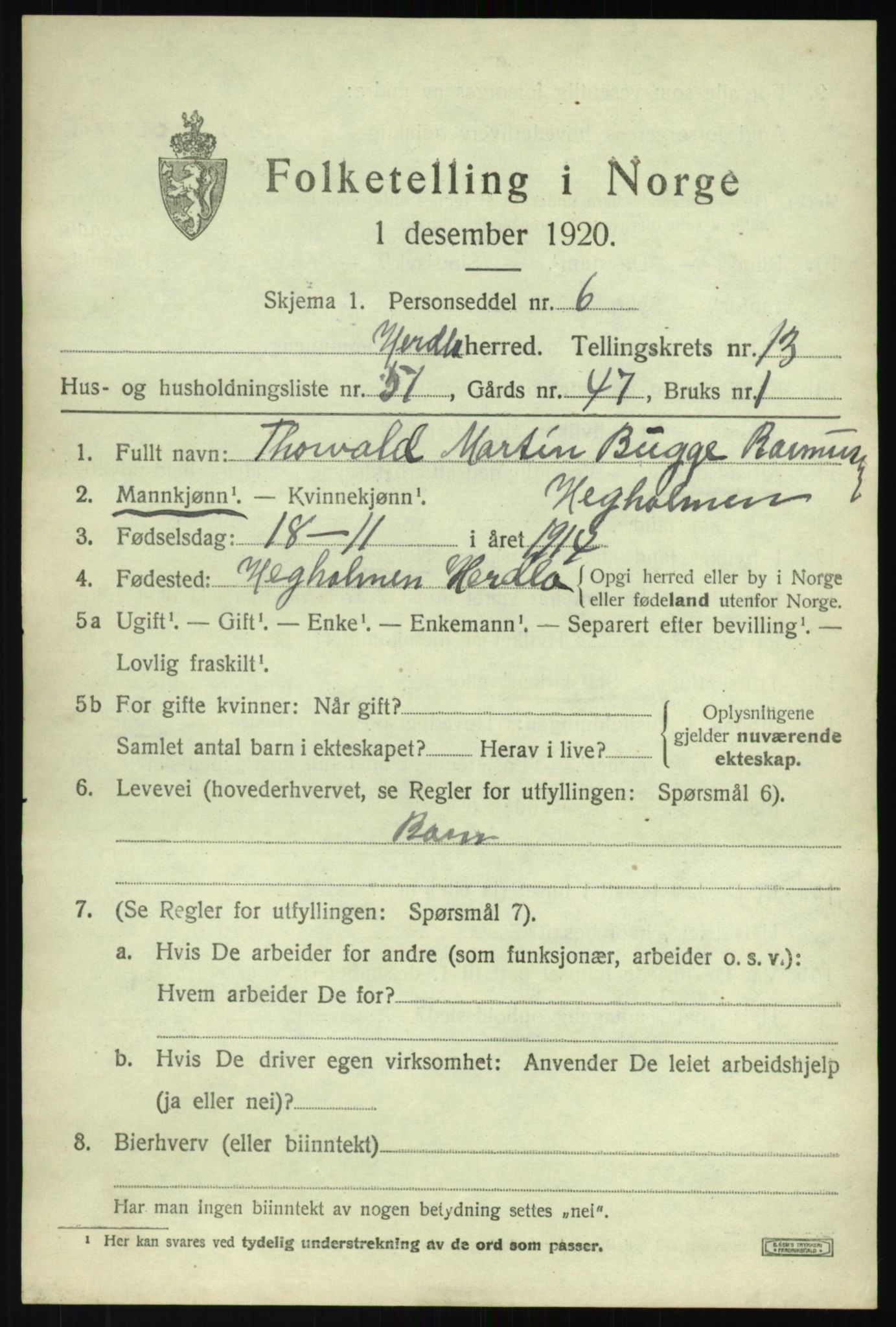 SAB, 1920 census for Herdla, 1920, p. 9681