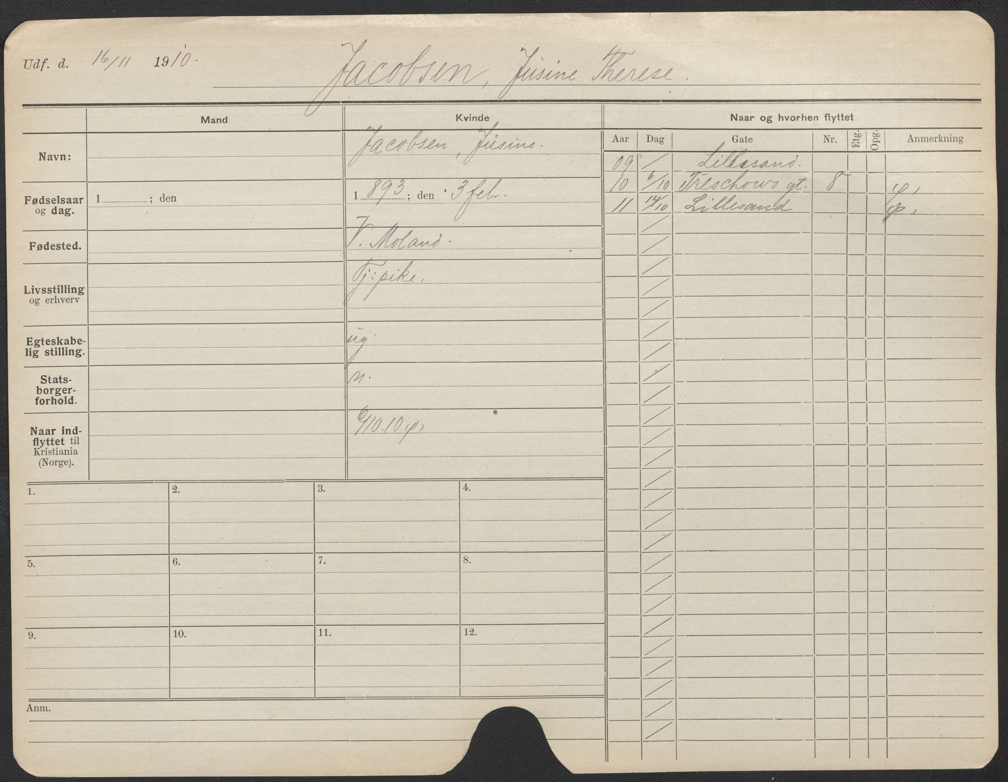 Oslo folkeregister, Registerkort, AV/SAO-A-11715/F/Fa/Fac/L0017: Kvinner, 1906-1914, p. 220a