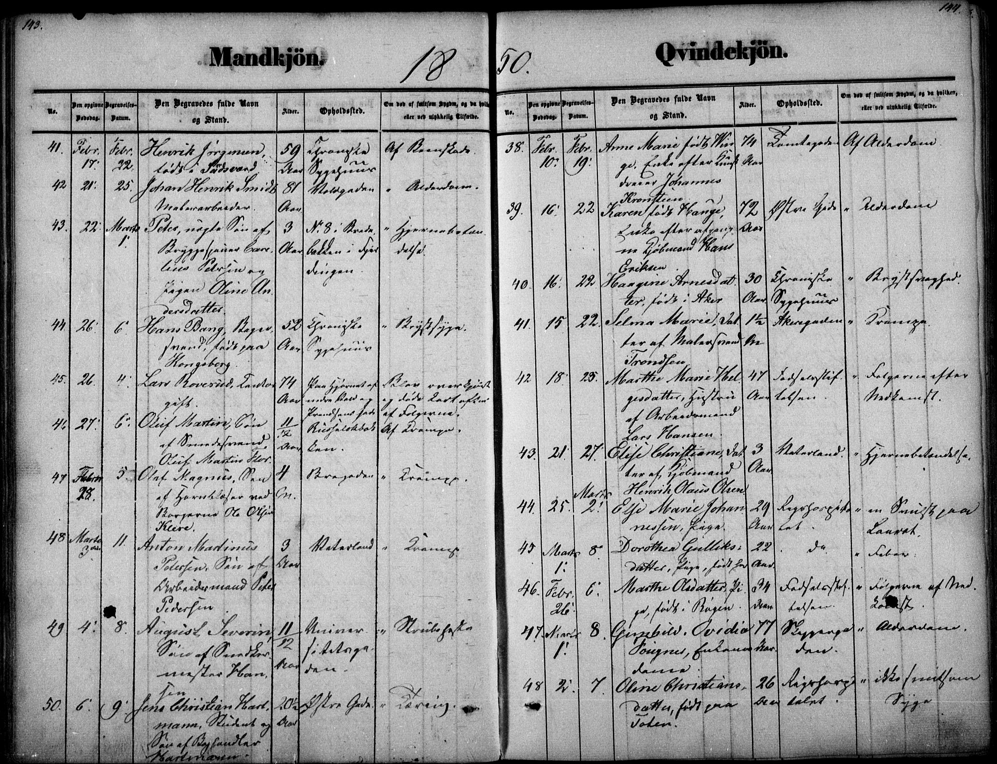 Oslo domkirke Kirkebøker, SAO/A-10752/F/Fa/L0025: Parish register (official) no. 25, 1847-1867, p. 143-144