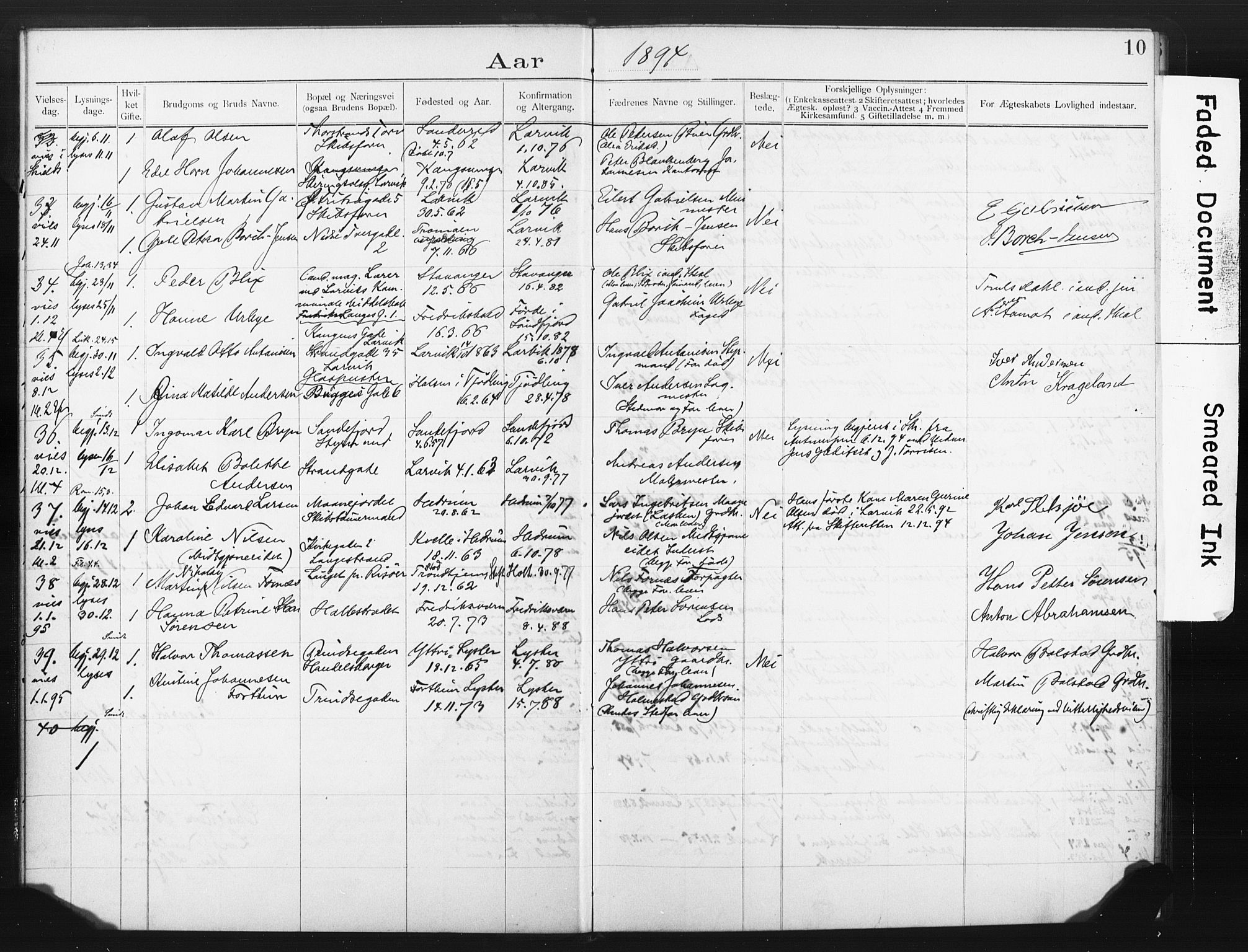 Larvik kirkebøker, AV/SAKO-A-352/H/Ha/L0002: Banns register no. 2, 1892-1907, p. 10