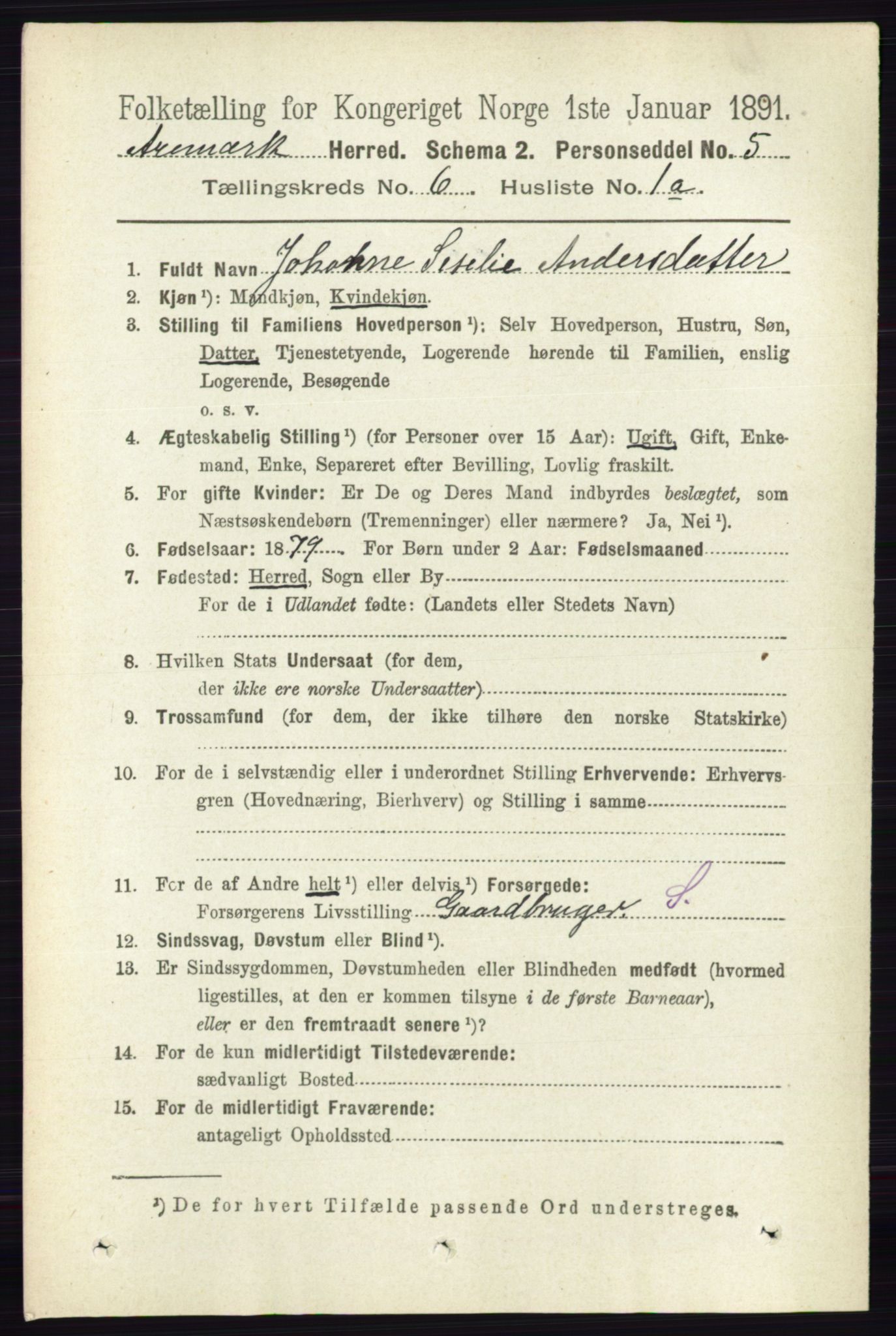 RA, 1891 census for 0118 Aremark, 1891, p. 3113