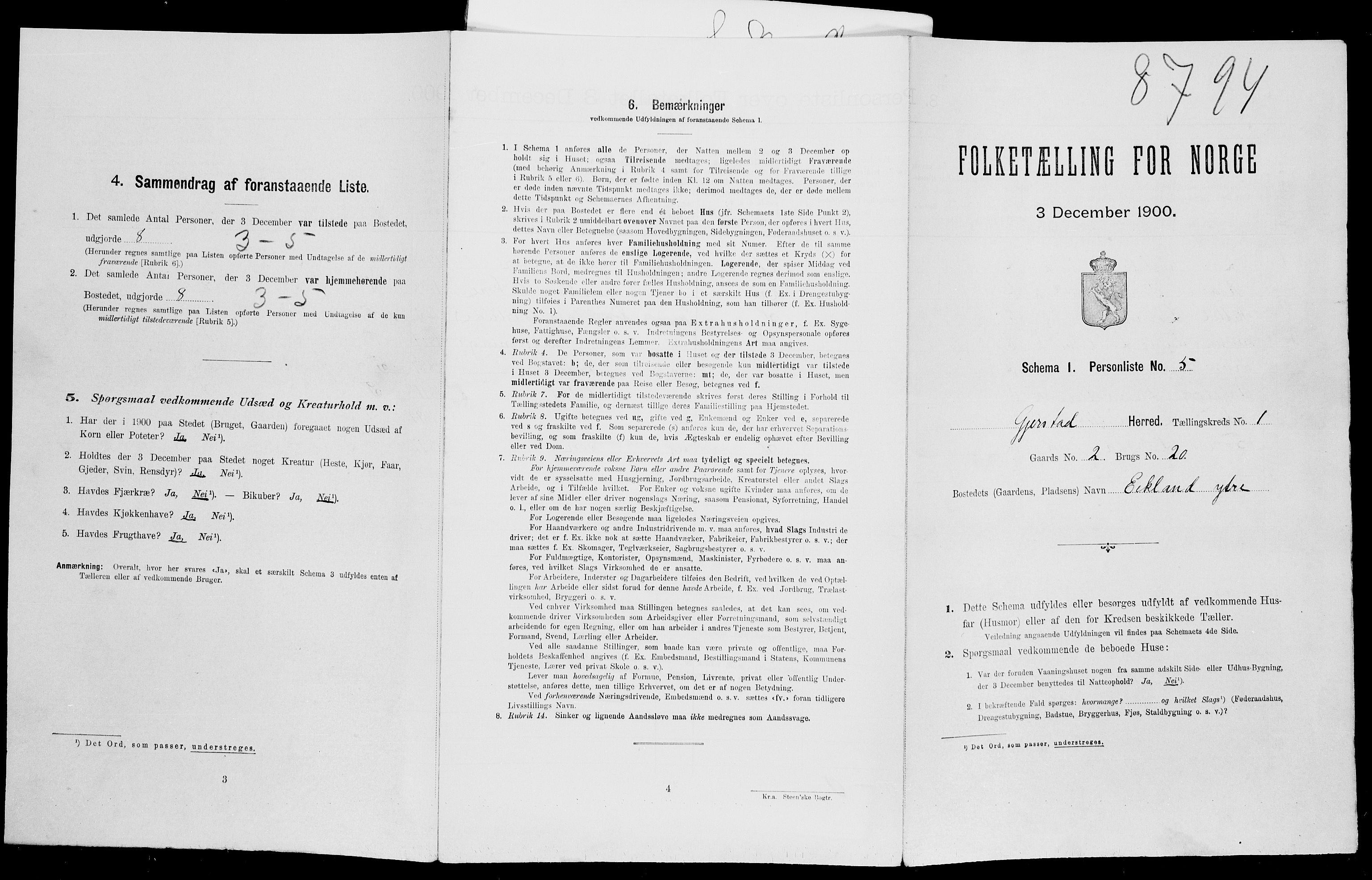 SAK, 1900 census for Gjerstad, 1900, p. 96