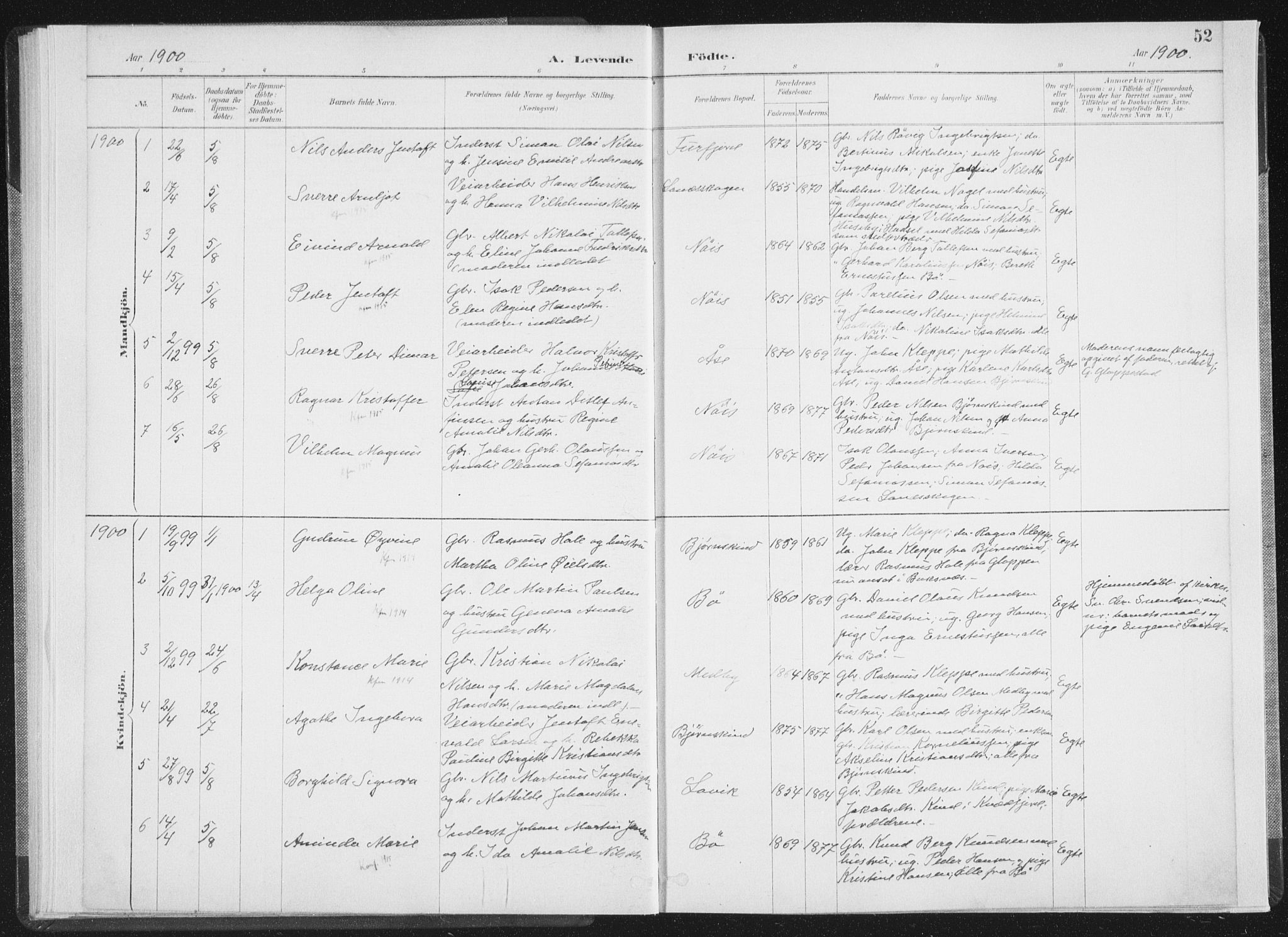 Ministerialprotokoller, klokkerbøker og fødselsregistre - Nordland, SAT/A-1459/898/L1422: Parish register (official) no. 898A02, 1887-1908, p. 52