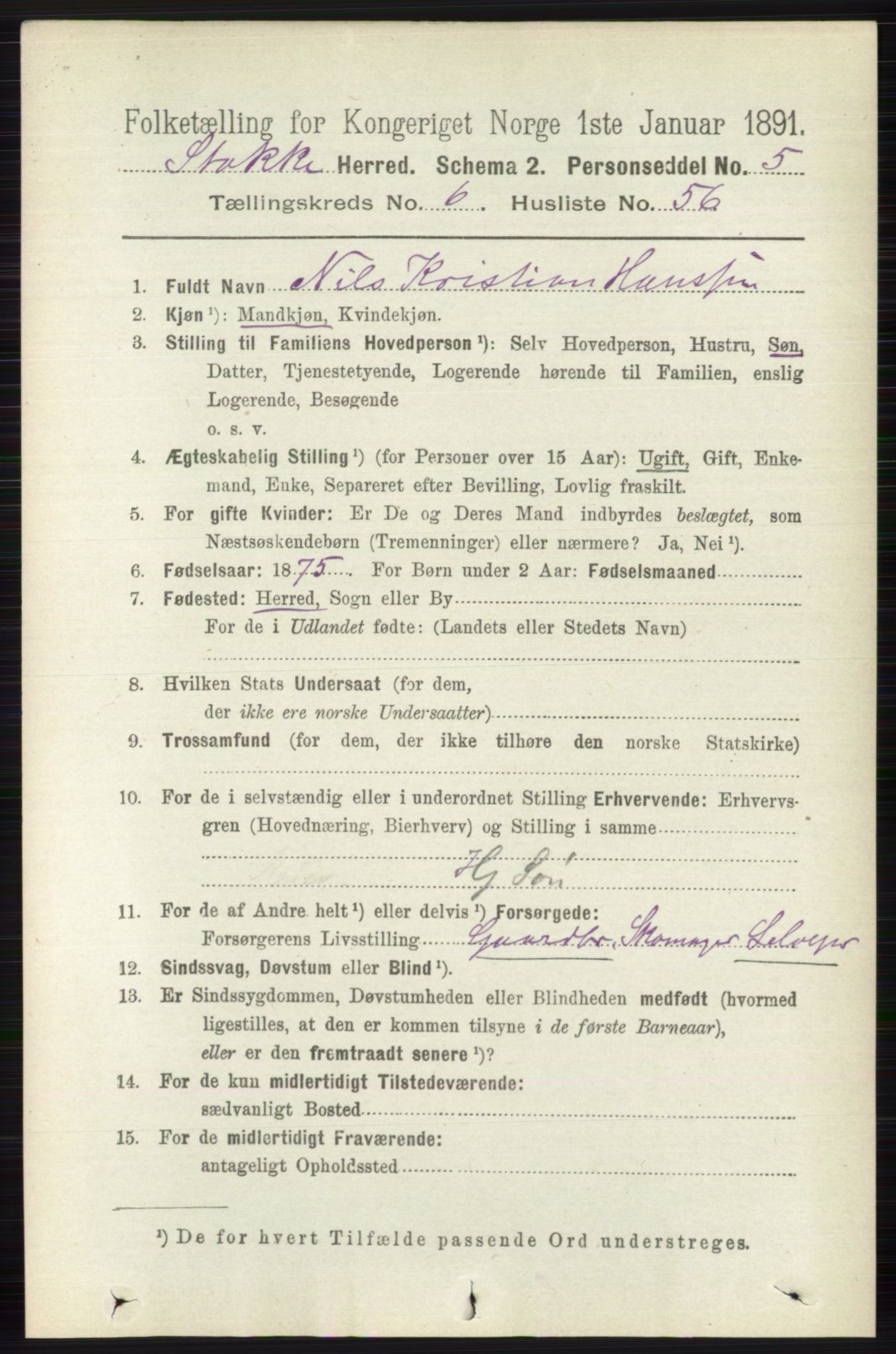 RA, 1891 census for 0720 Stokke, 1891, p. 4170