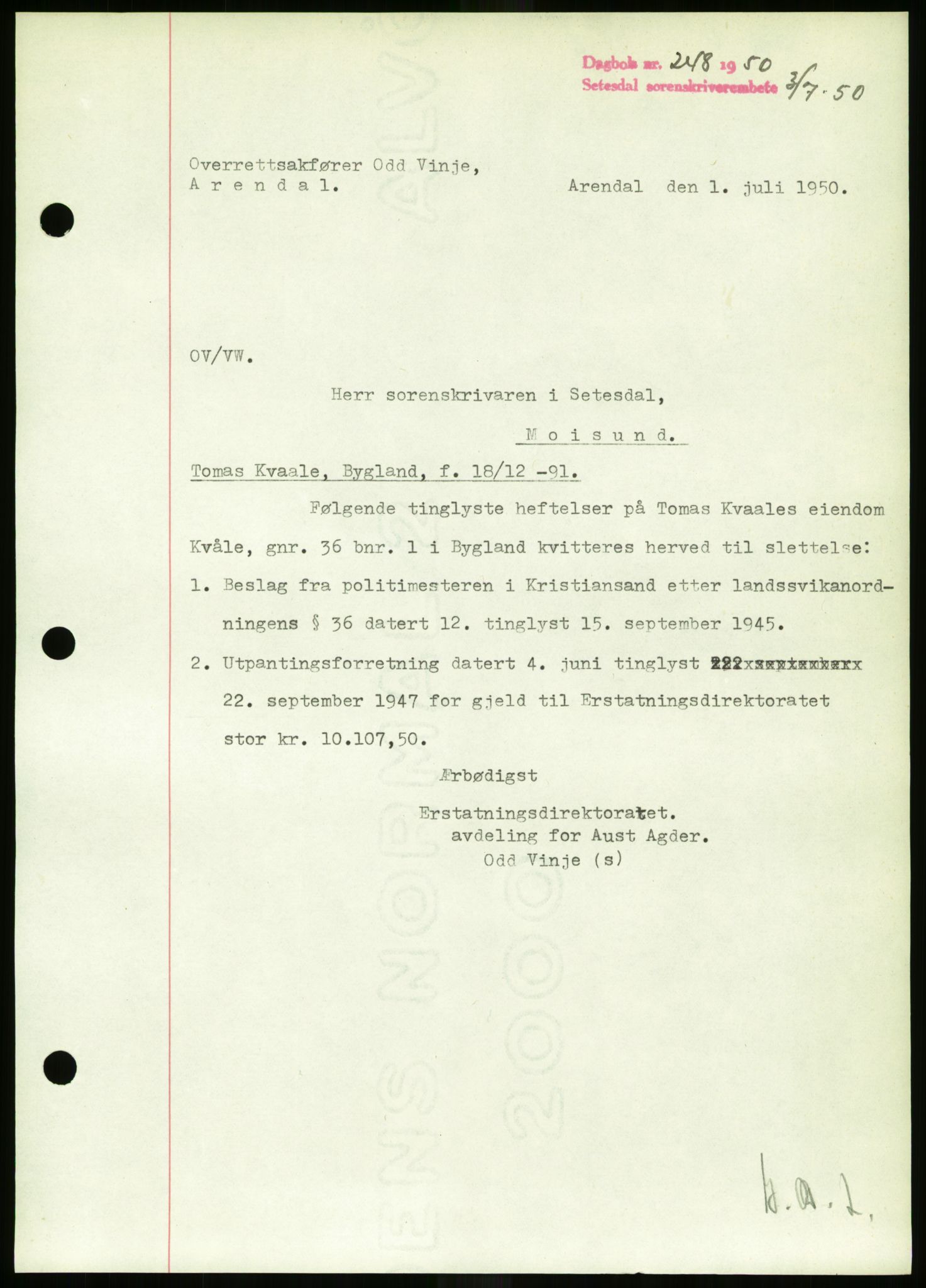 Setesdal sorenskriveri, SAK/1221-0011/G/Gb/L0050: Mortgage book no. B 38, 1949-1952, Diary no: : 248/1950