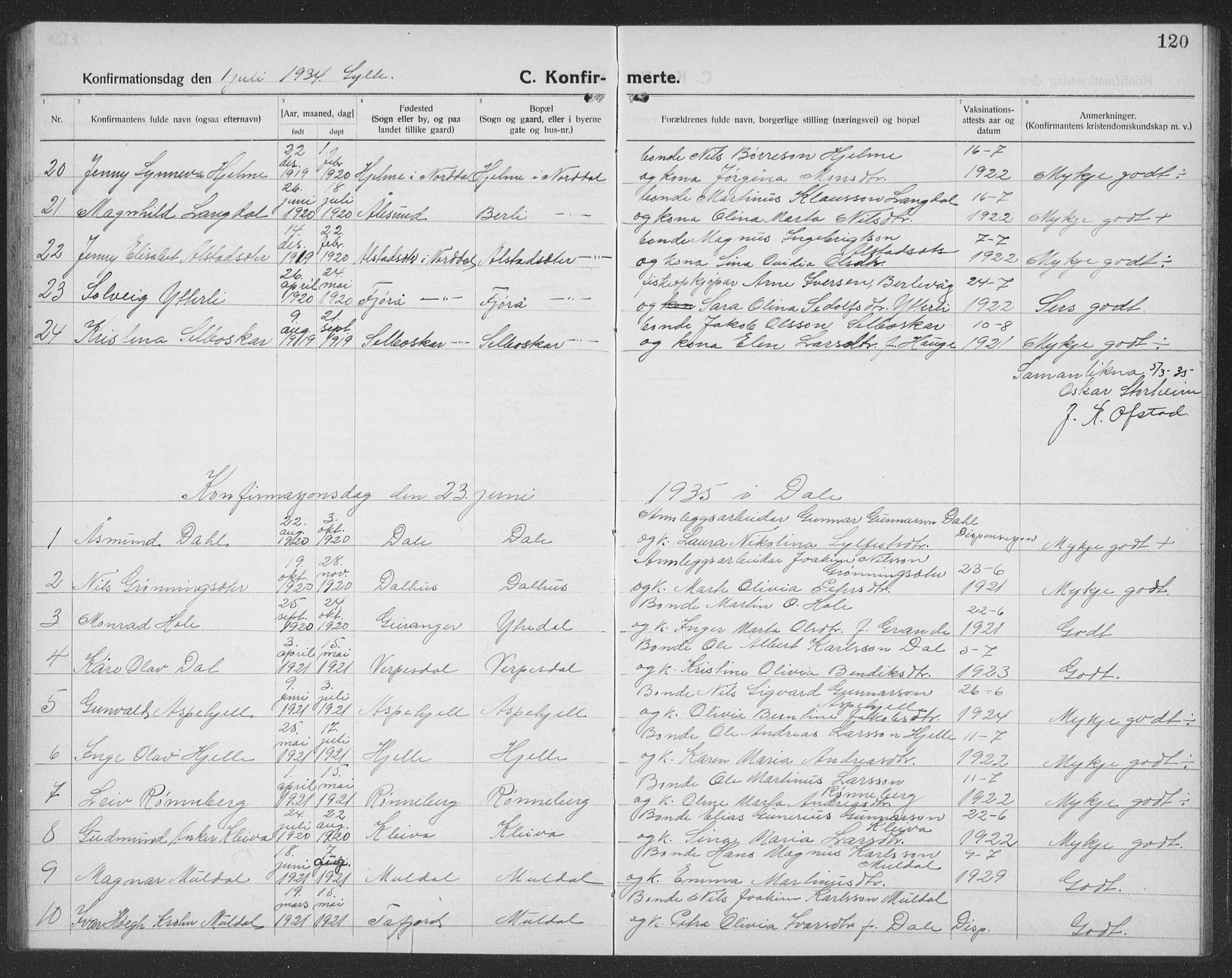 Ministerialprotokoller, klokkerbøker og fødselsregistre - Møre og Romsdal, SAT/A-1454/519/L0266: Parish register (copy) no. 519C07, 1921-1939, p. 120