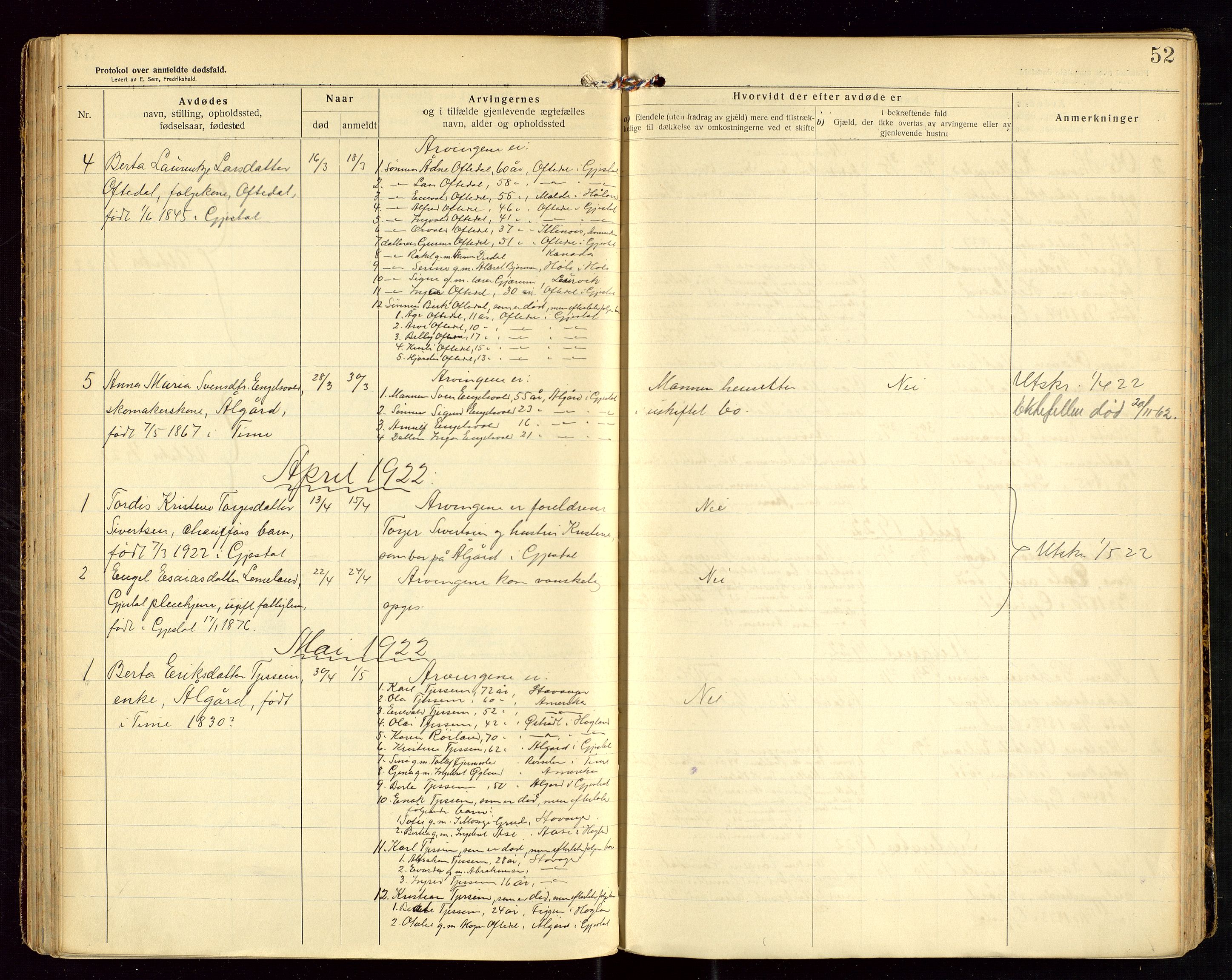 Gjesdal lensmannskontor, SAST/A-100441/Gga/L0002: Dødsfallprotokoll, 1911-1933, p. 52