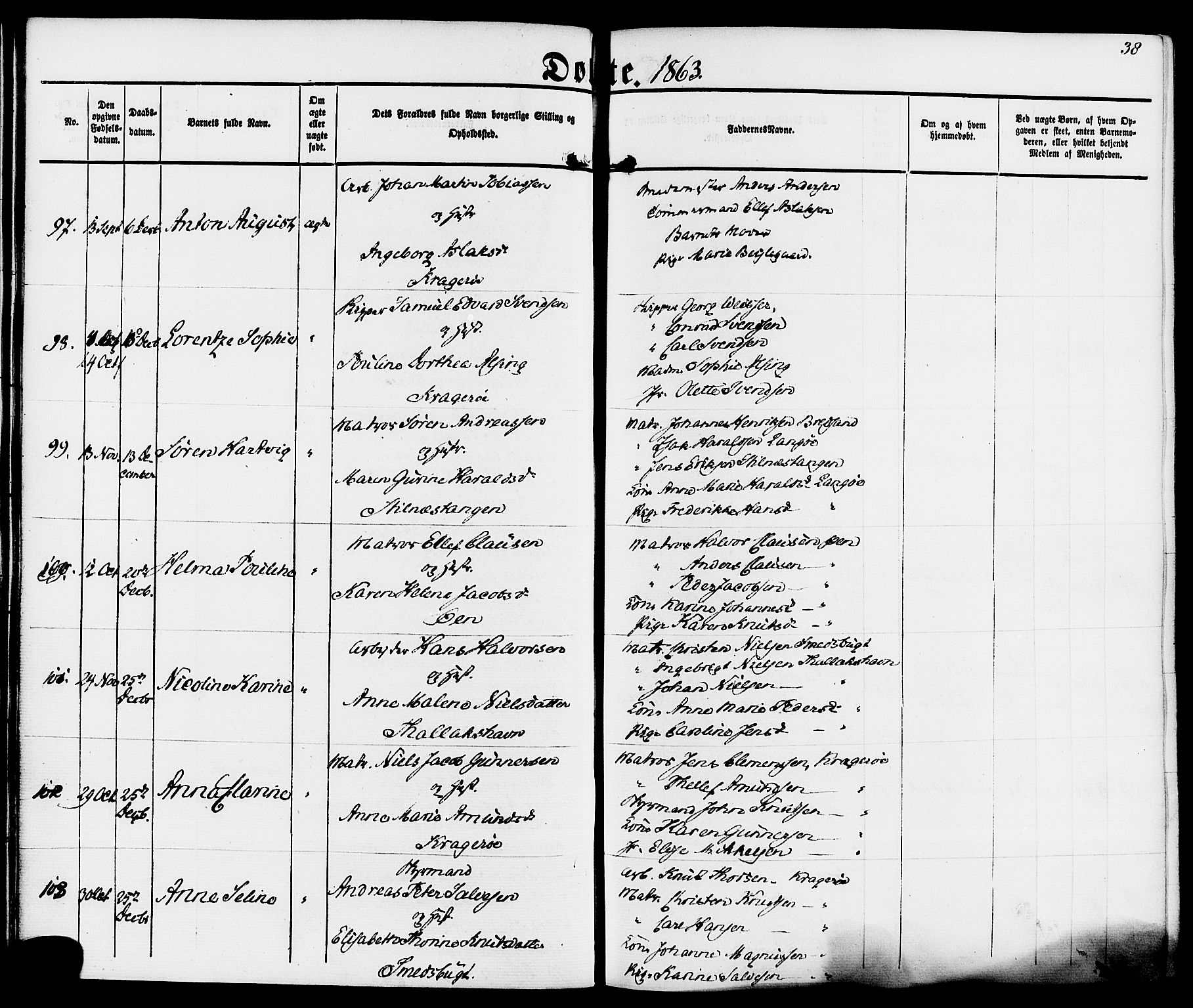 Kragerø kirkebøker, AV/SAKO-A-278/F/Fa/L0007: Parish register (official) no. 7, 1861-1875, p. 38