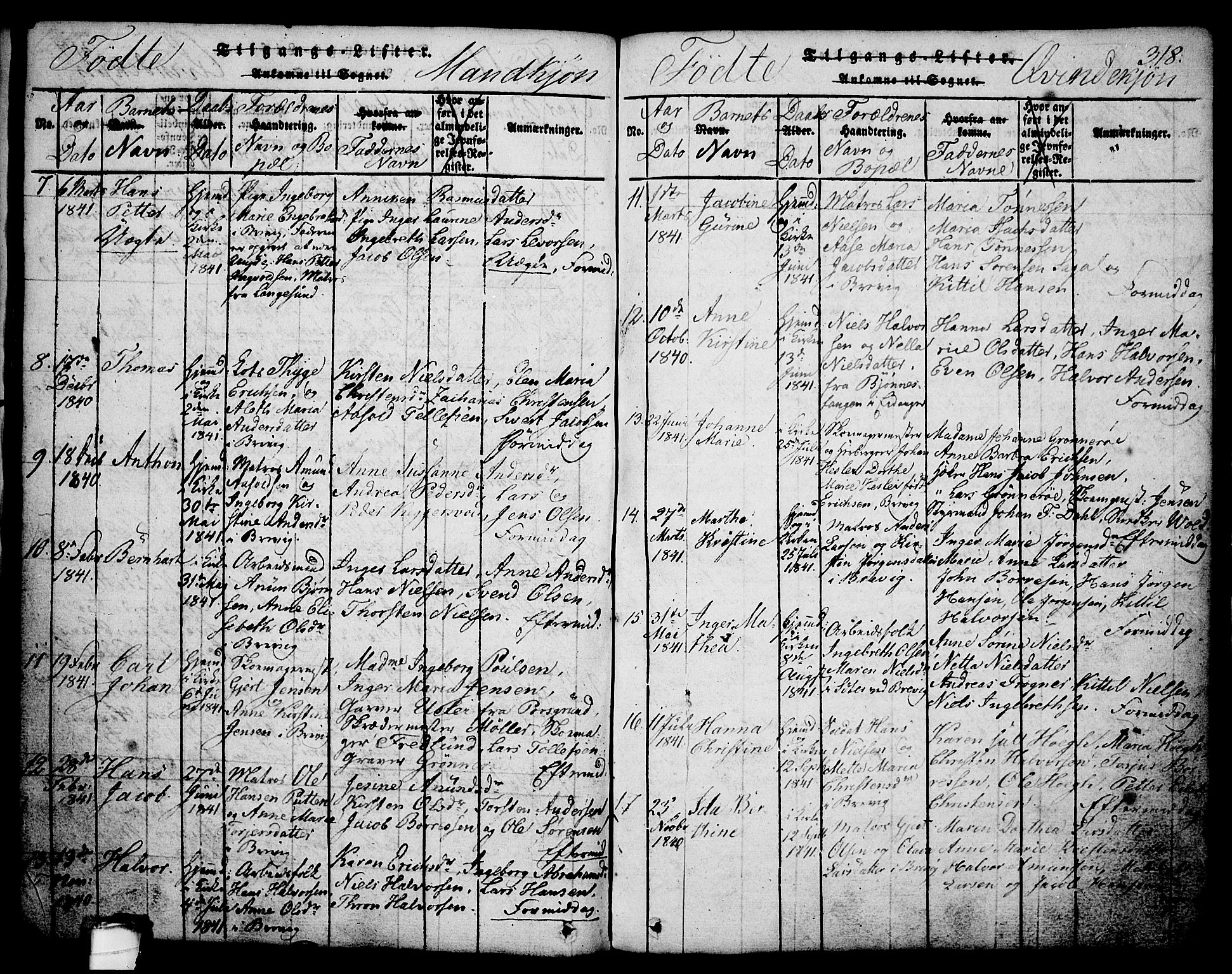 Brevik kirkebøker, AV/SAKO-A-255/G/Ga/L0001: Parish register (copy) no. 1, 1814-1845, p. 318