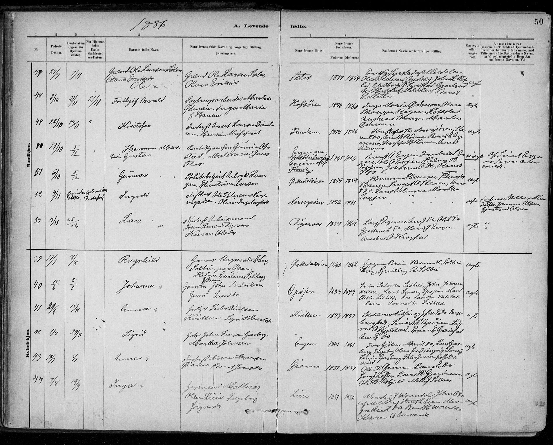 Ministerialprotokoller, klokkerbøker og fødselsregistre - Sør-Trøndelag, AV/SAT-A-1456/668/L0809: Parish register (official) no. 668A09, 1881-1895, p. 50