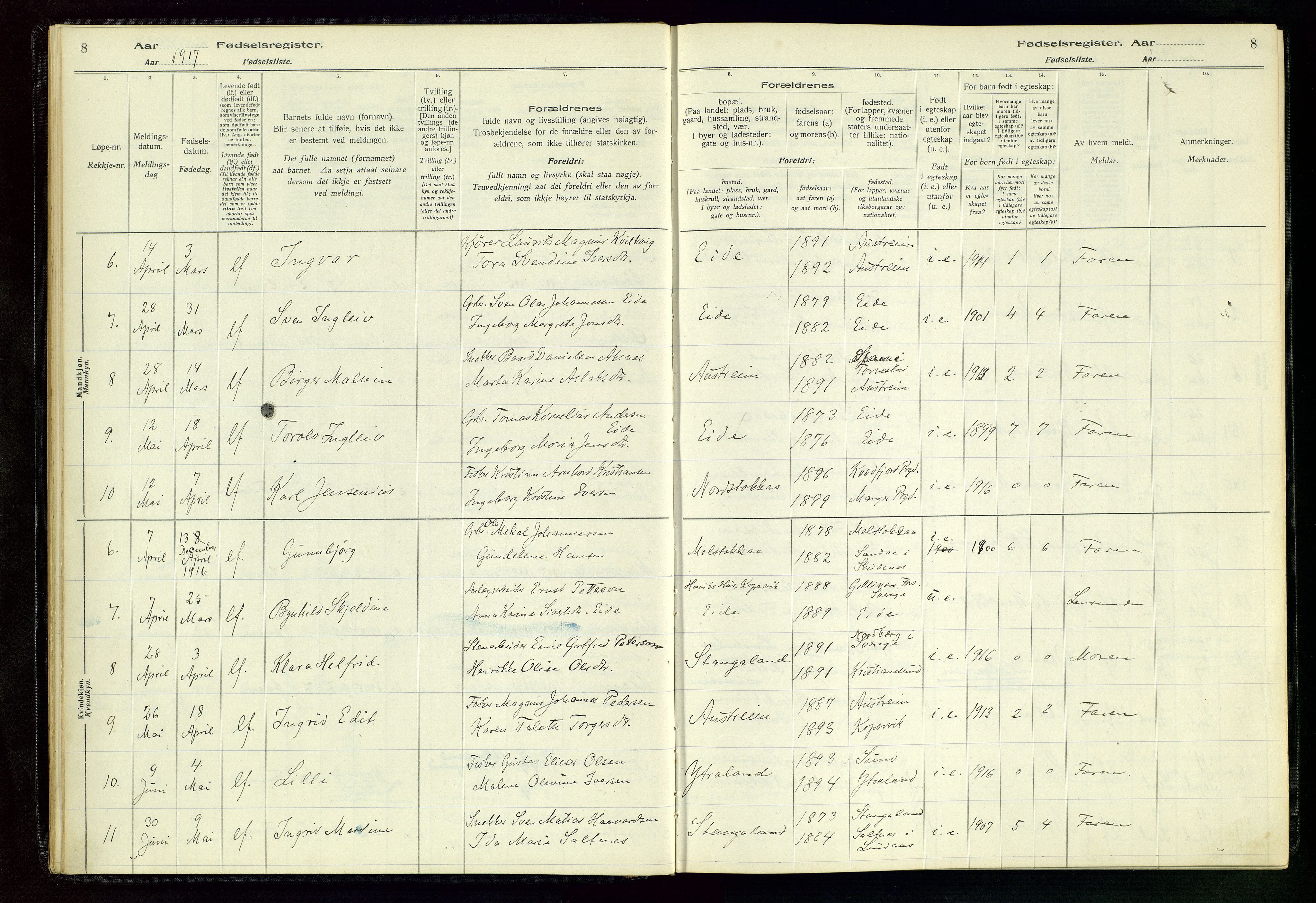 Kopervik sokneprestkontor, SAST/A-101850/I/Id/L0004: Birth register no. 4, 1916-1958, p. 8