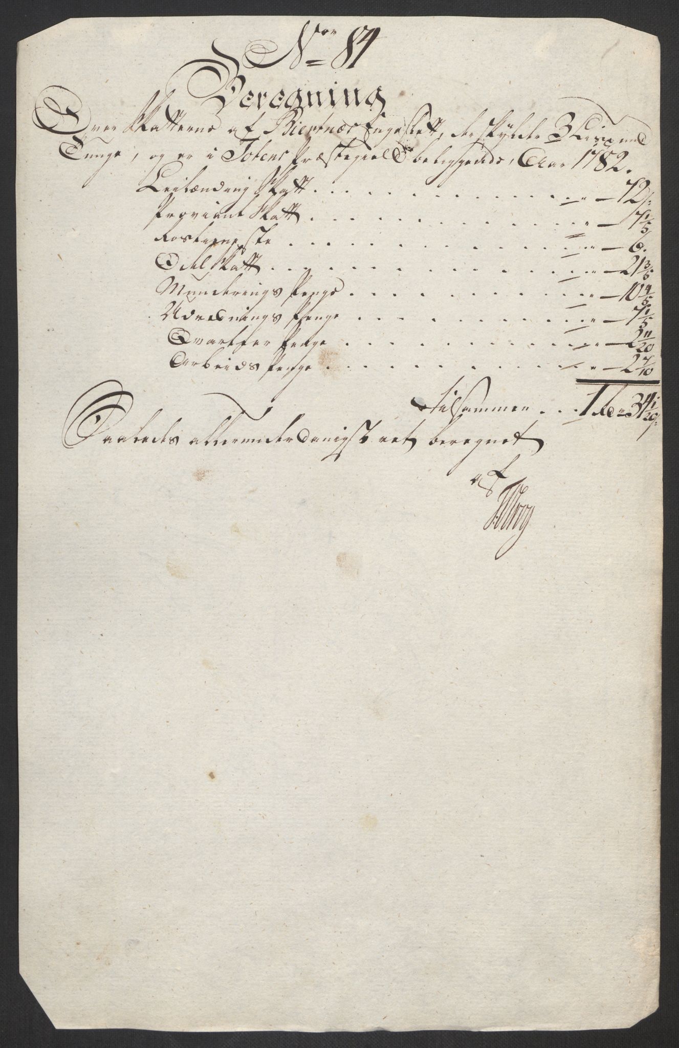 Rentekammeret inntil 1814, Reviderte regnskaper, Fogderegnskap, AV/RA-EA-4092/R19/L1369: Fogderegnskap Toten, Hadeland og Vardal, 1782, p. 277