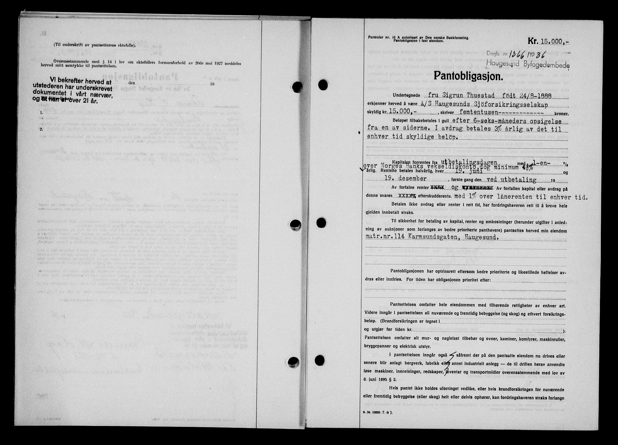 Haugesund tingrett, AV/SAST-A-101415/01/II/IIC/L0031: Mortgage book no. 31, 1936-1938, Diary no: : 1366/1936