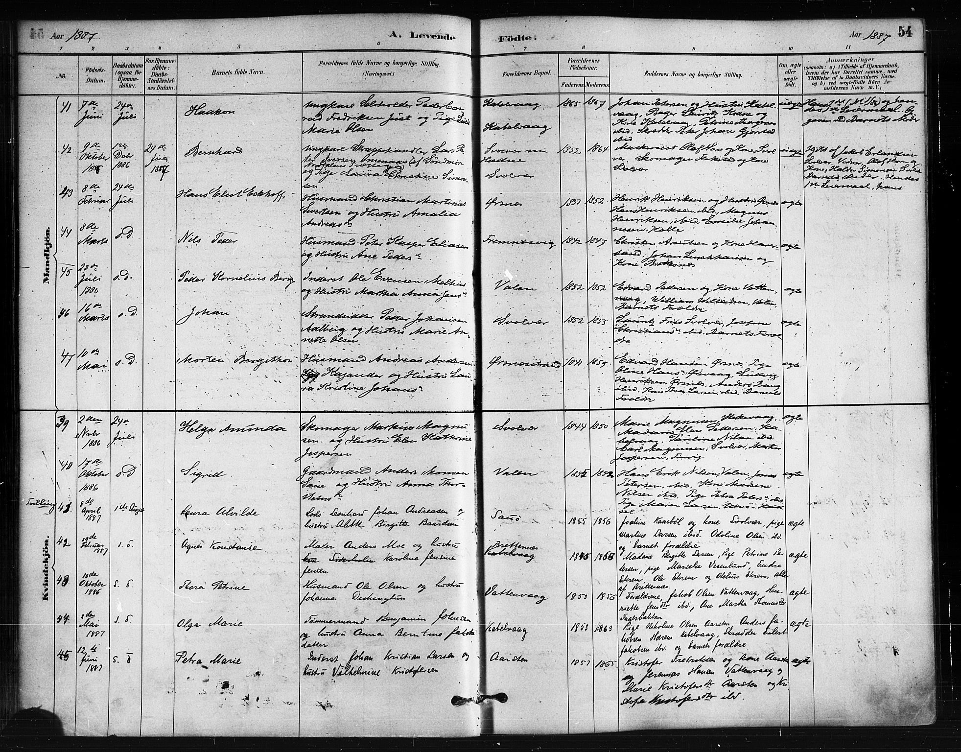 Ministerialprotokoller, klokkerbøker og fødselsregistre - Nordland, SAT/A-1459/874/L1059: Parish register (official) no. 874A03, 1884-1890, p. 54