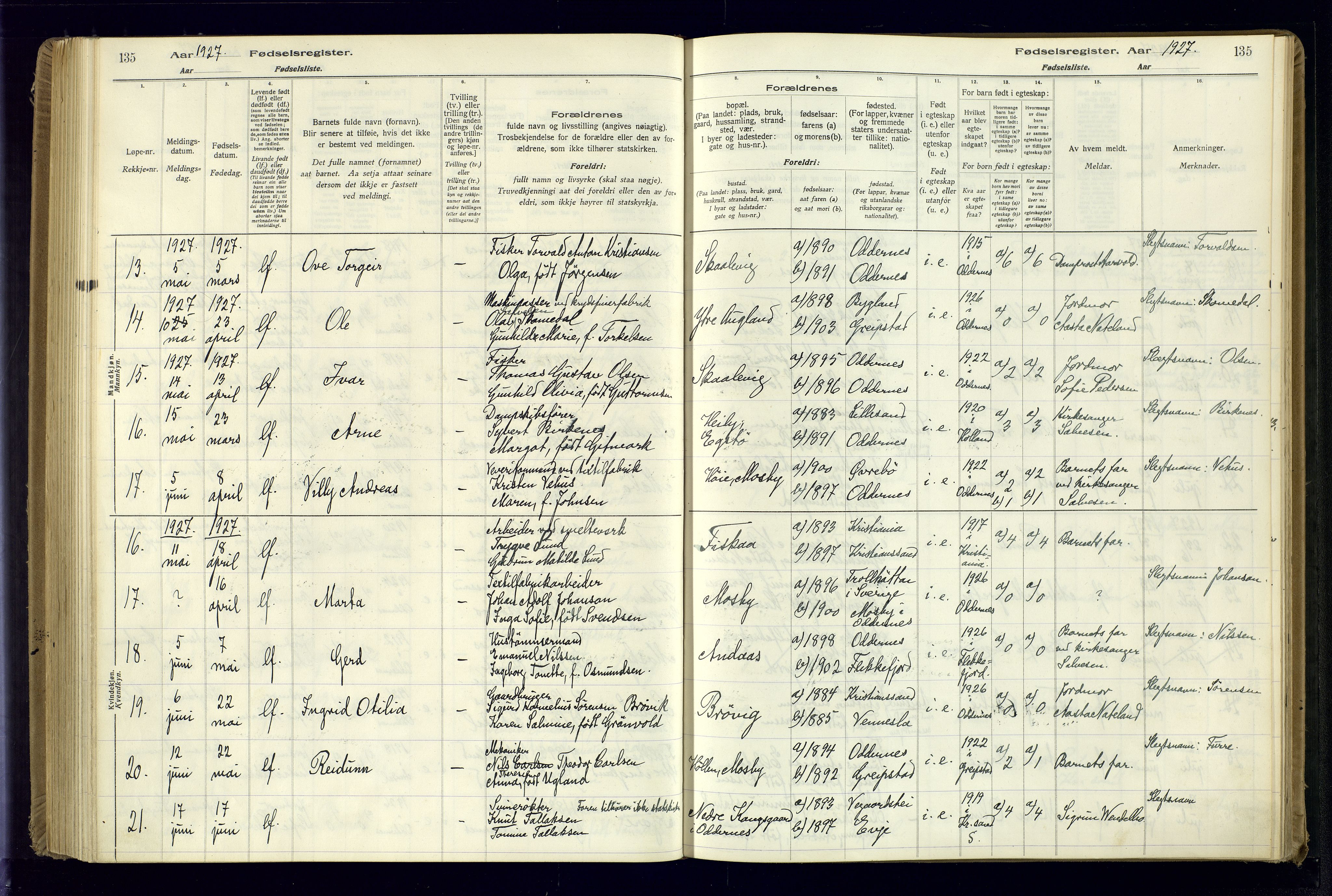 Oddernes sokneprestkontor, AV/SAK-1111-0033/J/Ja/L0001: Birth register no. 1, 1916-1935, p. 135