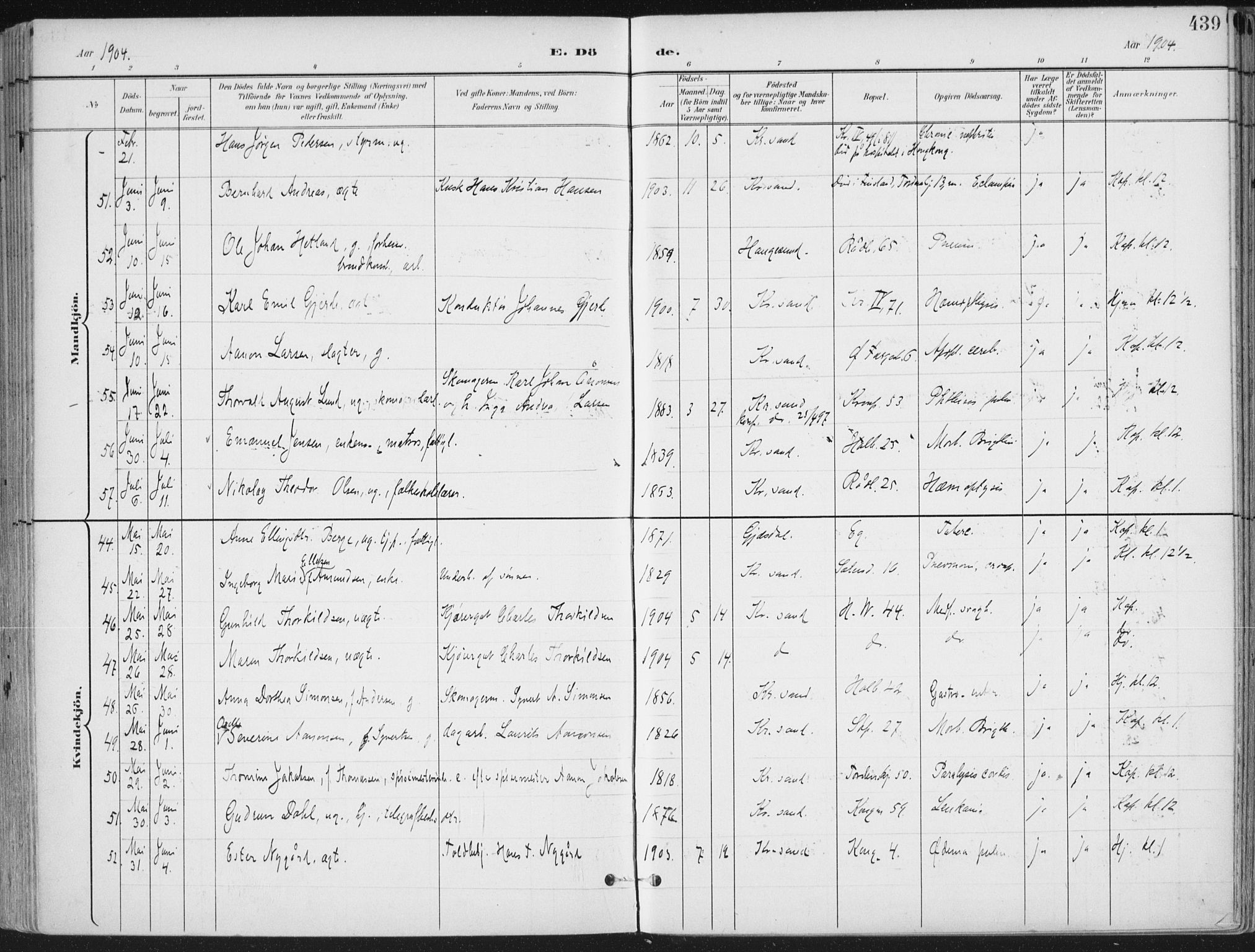Kristiansand domprosti, SAK/1112-0006/F/Fa/L0021: Parish register (official) no. A 20, 1898-1908, p. 439