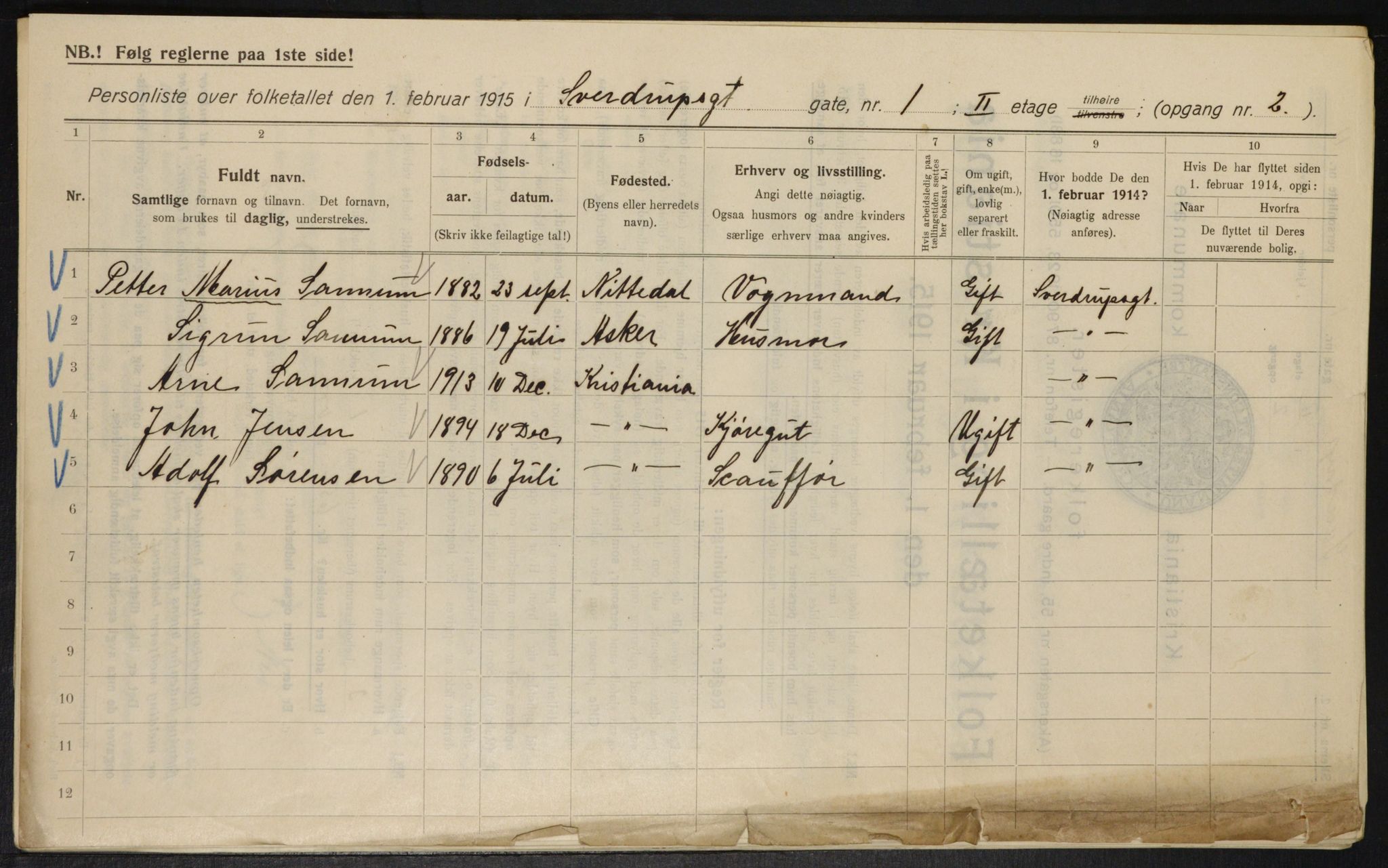 OBA, Municipal Census 1915 for Kristiania, 1915, p. 105113