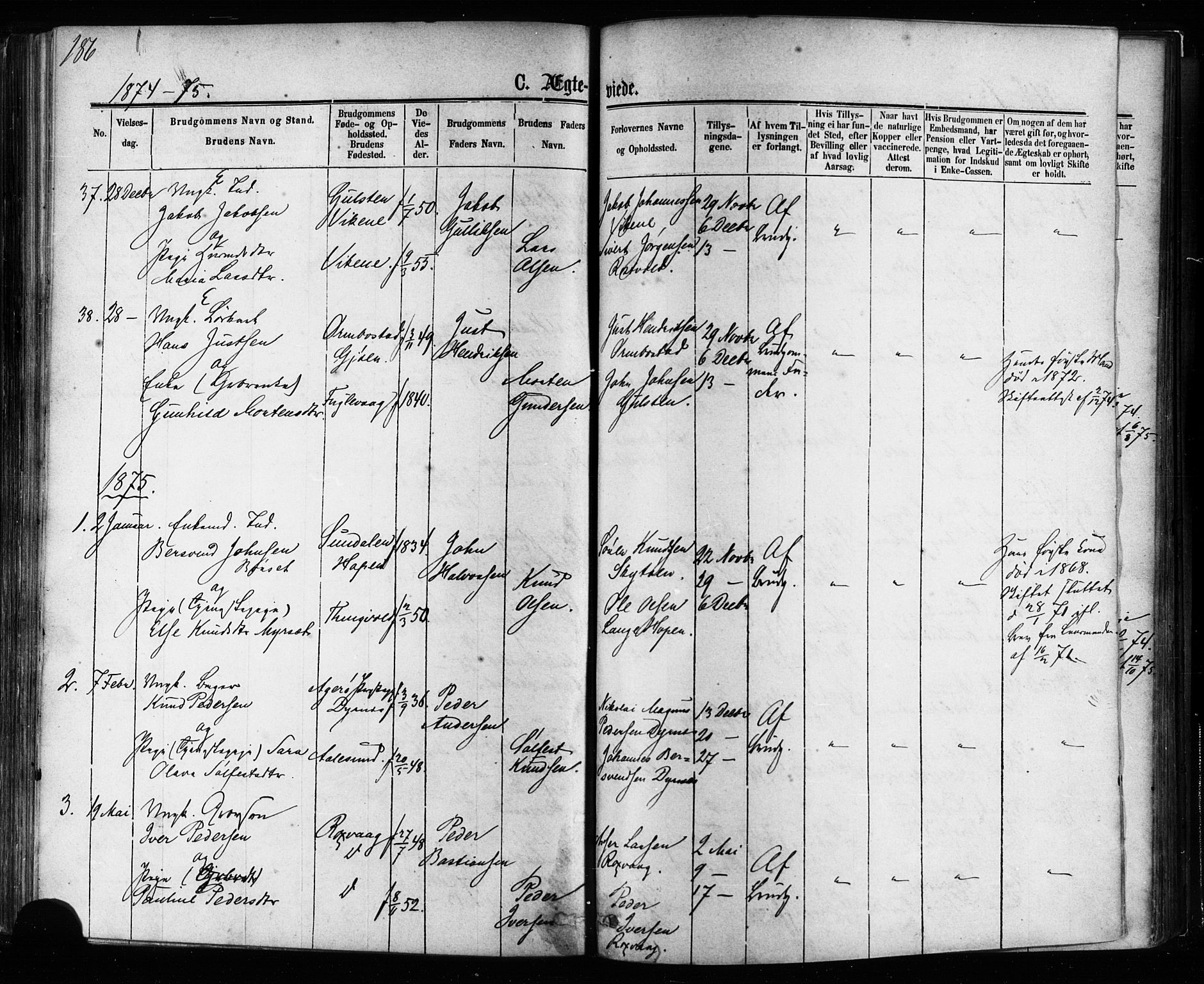 Ministerialprotokoller, klokkerbøker og fødselsregistre - Møre og Romsdal, AV/SAT-A-1454/581/L0938: Parish register (official) no. 581A06, 1873-1879, p. 186