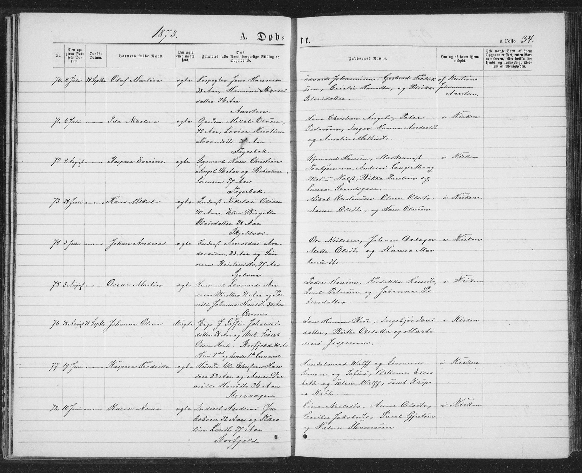 Ministerialprotokoller, klokkerbøker og fødselsregistre - Nordland, AV/SAT-A-1459/874/L1074: Parish register (copy) no. 874C03, 1870-1876, p. 34