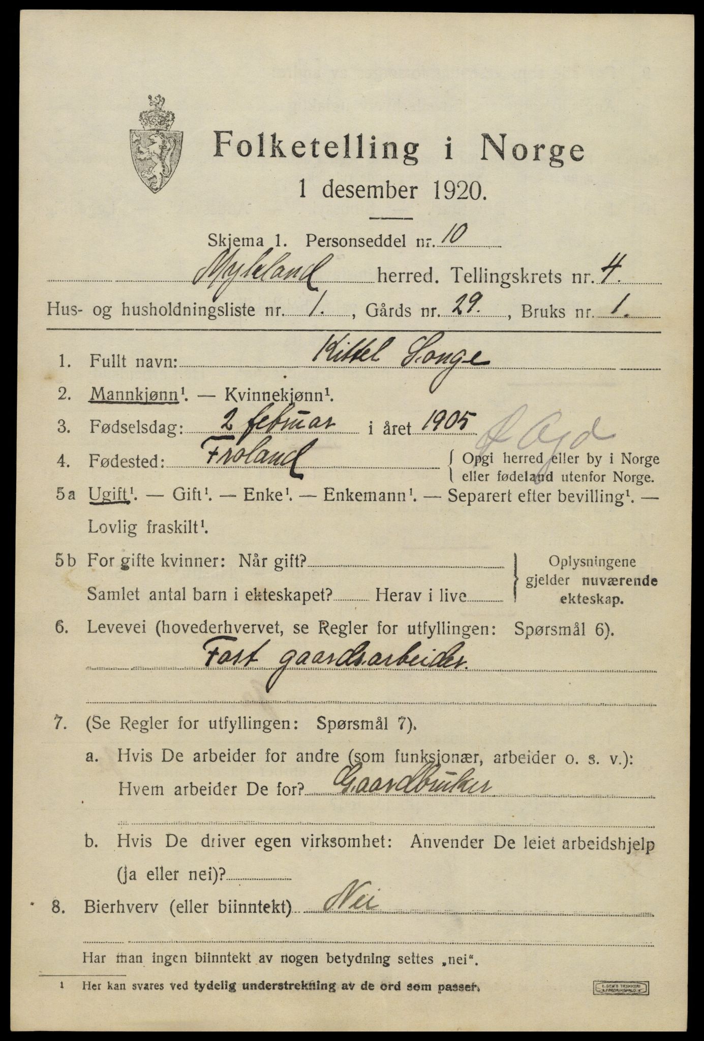 SAK, 1920 census for Mykland, 1920, p. 1340