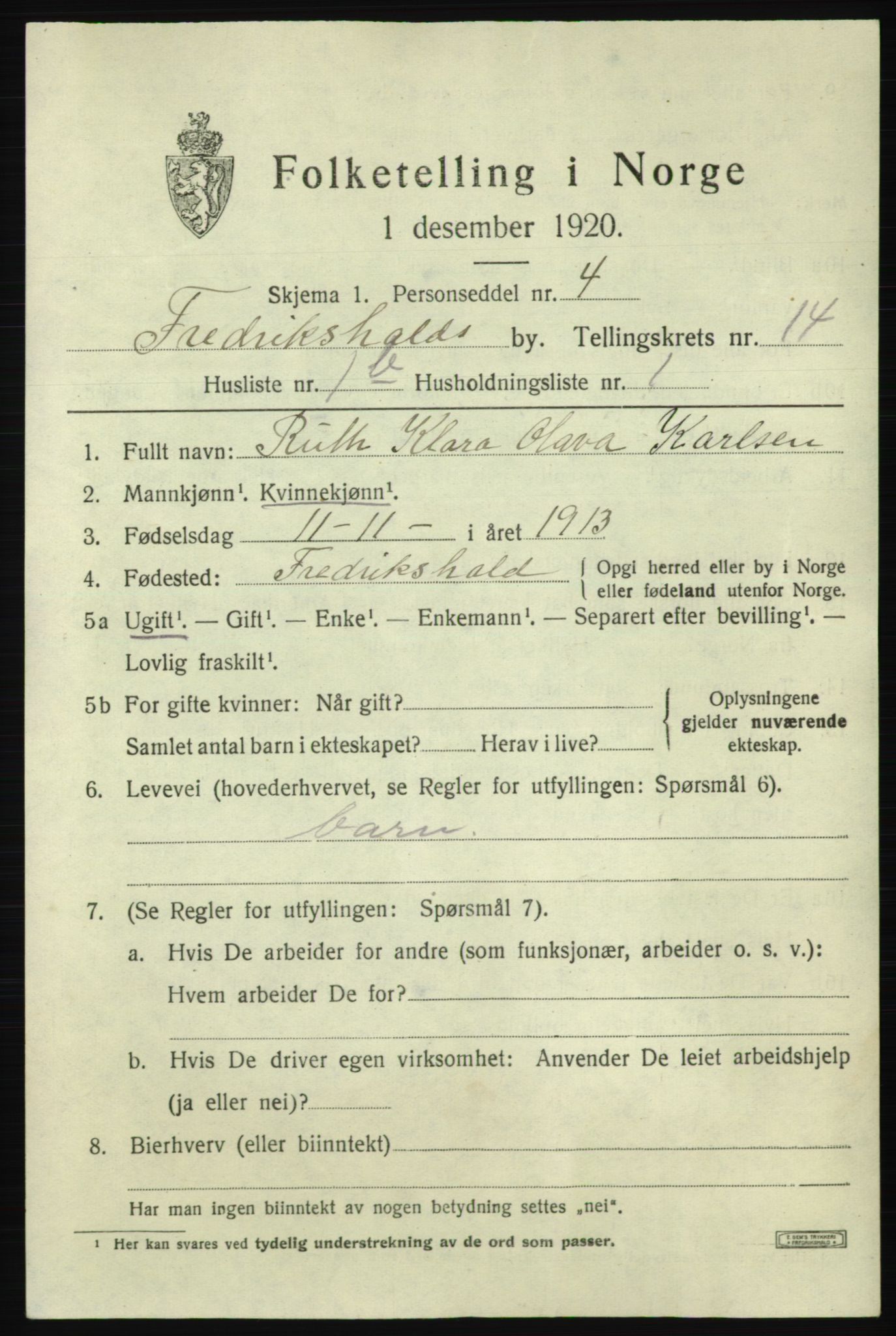 SAO, 1920 census for Fredrikshald, 1920, p. 22161