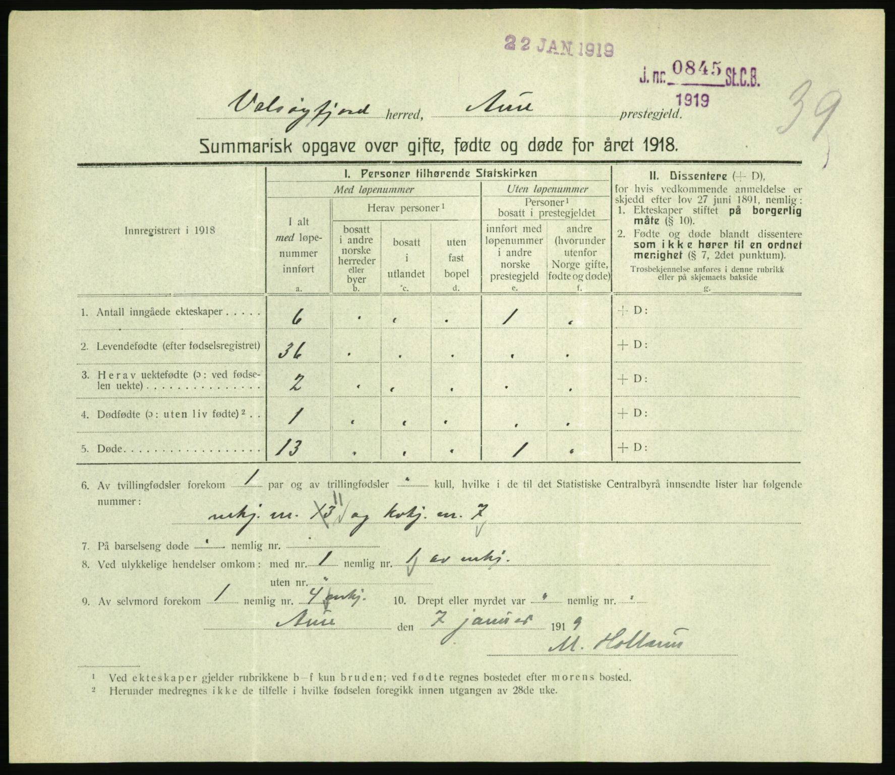 Statistisk sentralbyrå, Sosiodemografiske emner, Befolkning, RA/S-2228/D/Df/Dfb/Dfbh/L0059: Summariske oppgaver over gifte, fødte og døde for hele landet., 1918, p. 1229