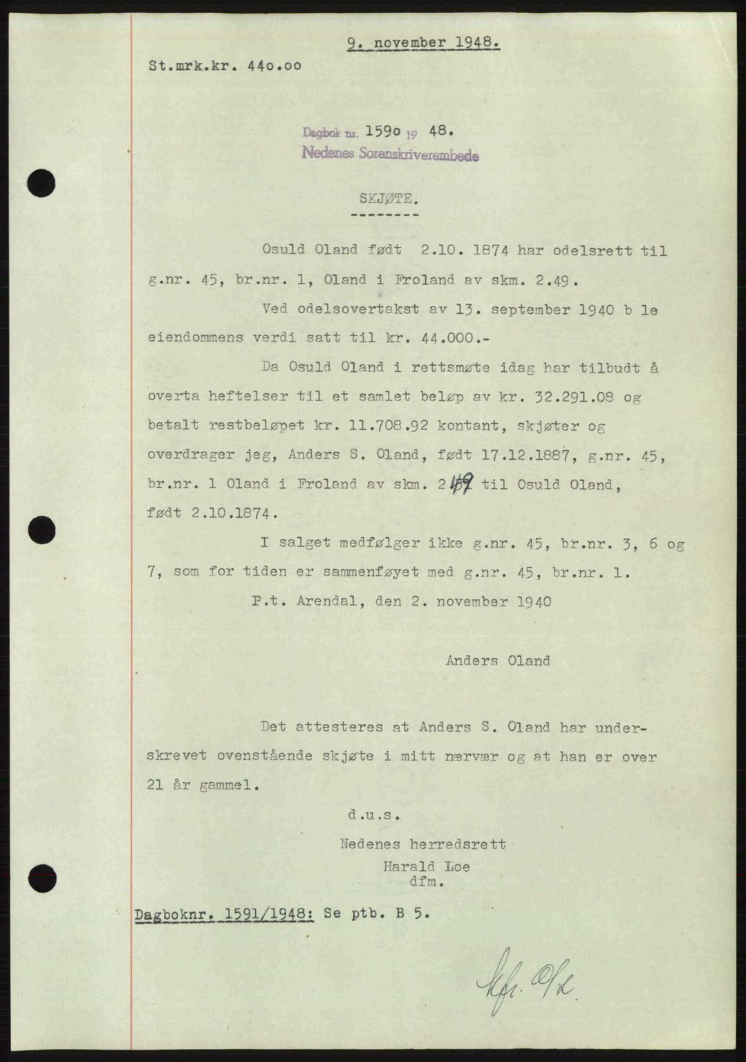 Nedenes sorenskriveri, SAK/1221-0006/G/Gb/Gba/L0059: Mortgage book no. A11, 1948-1948, Diary no: : 1590/1948