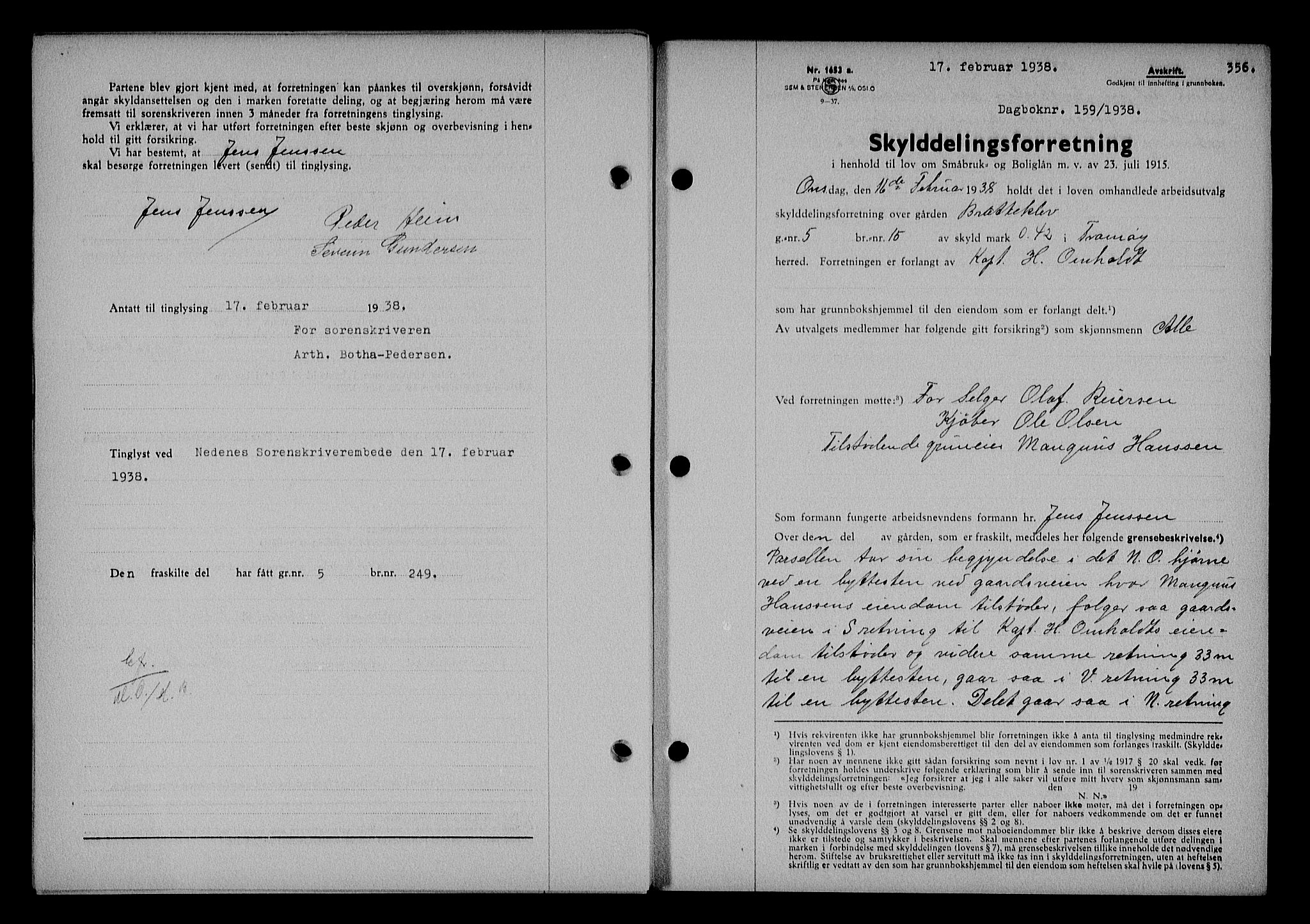 Nedenes sorenskriveri, SAK/1221-0006/G/Gb/Gba/L0044: Mortgage book no. 40, 1937-1938, Diary no: : 159/1938