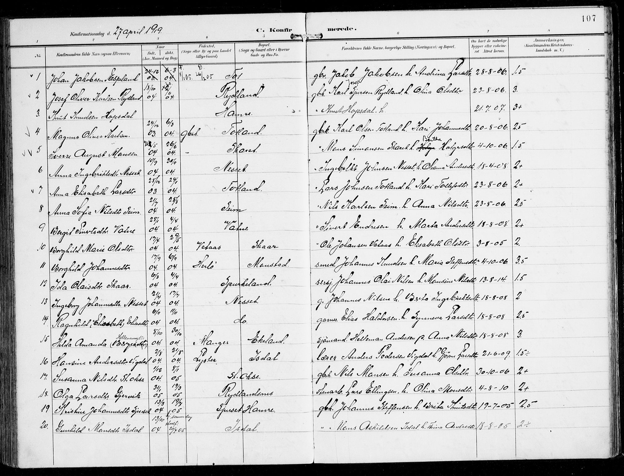 Alversund Sokneprestembete, SAB/A-73901/H/Ha/Haa/Haad/L0004: Parish register (official) no. D 4, 1898-1926, p. 107