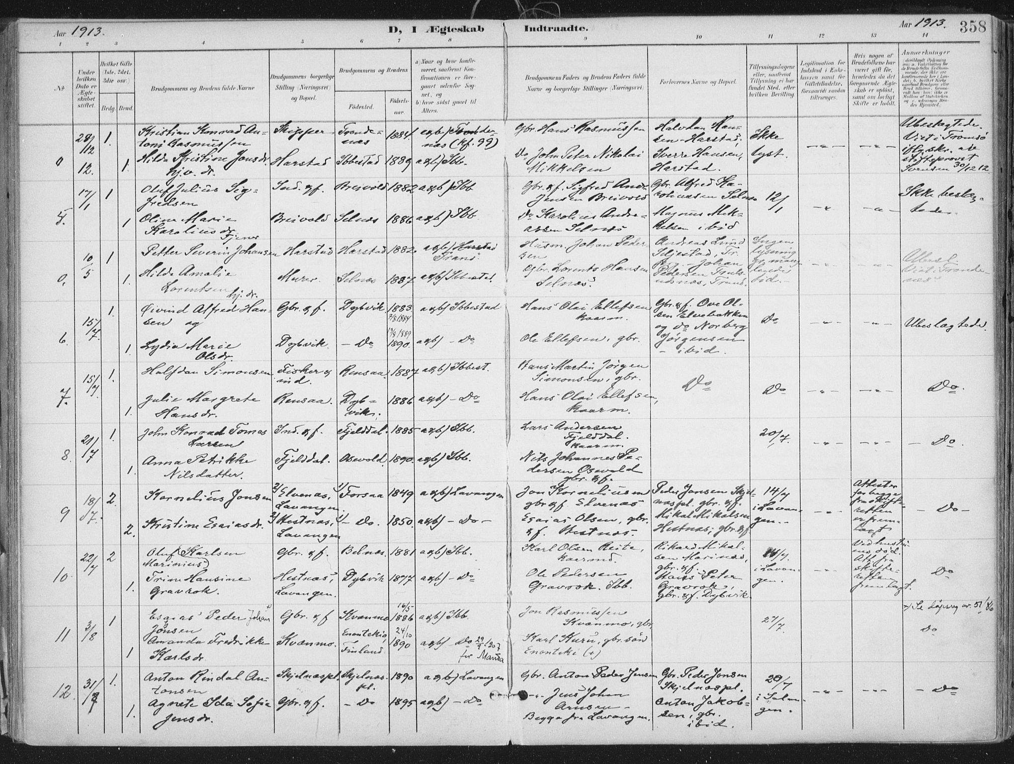 Ibestad sokneprestembete, SATØ/S-0077/H/Ha/Haa/L0017kirke: Parish register (official) no. 17, 1901-1914, p. 358