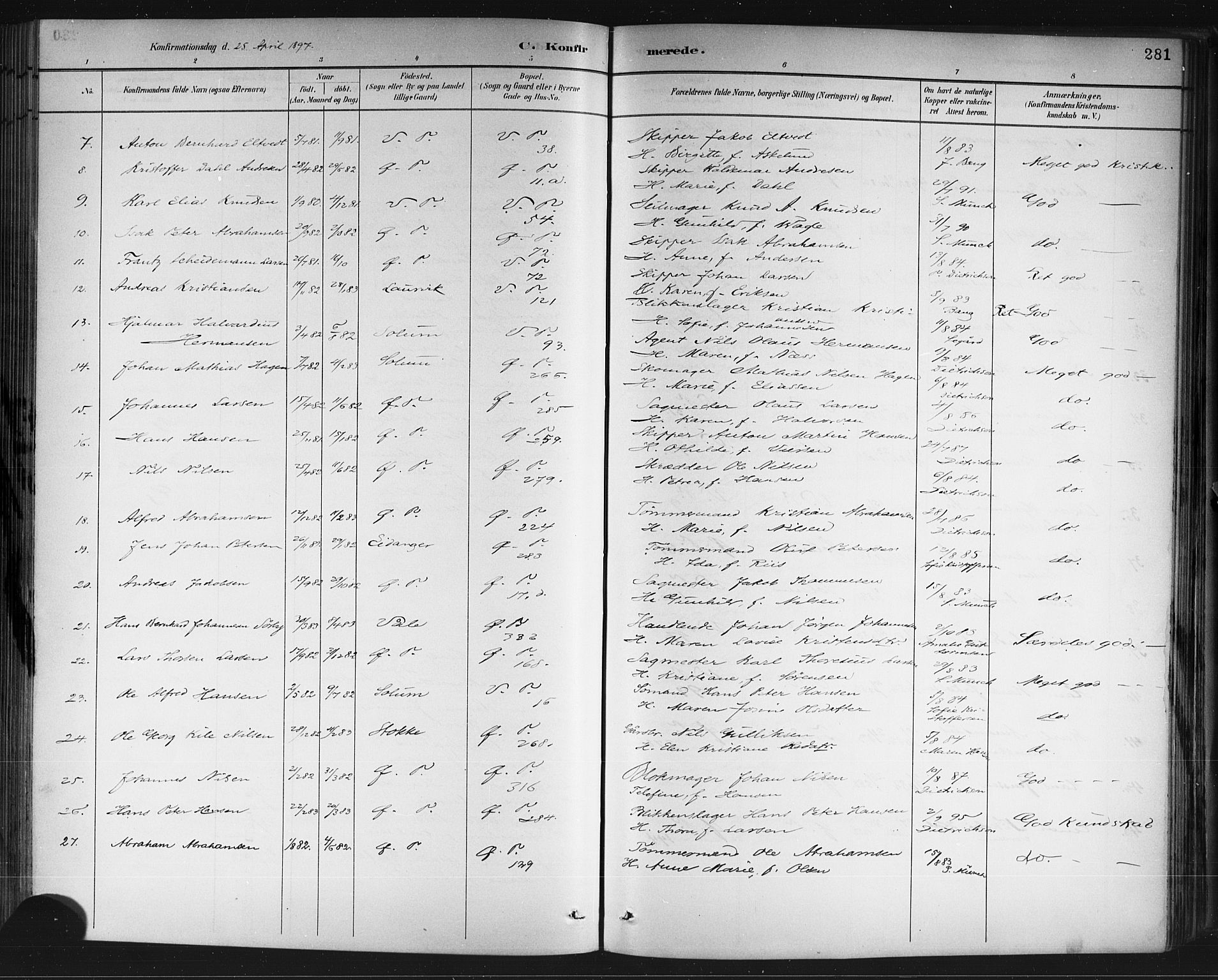 Porsgrunn kirkebøker , SAKO/A-104/G/Gb/L0005: Parish register (copy) no. II 5, 1883-1915, p. 281