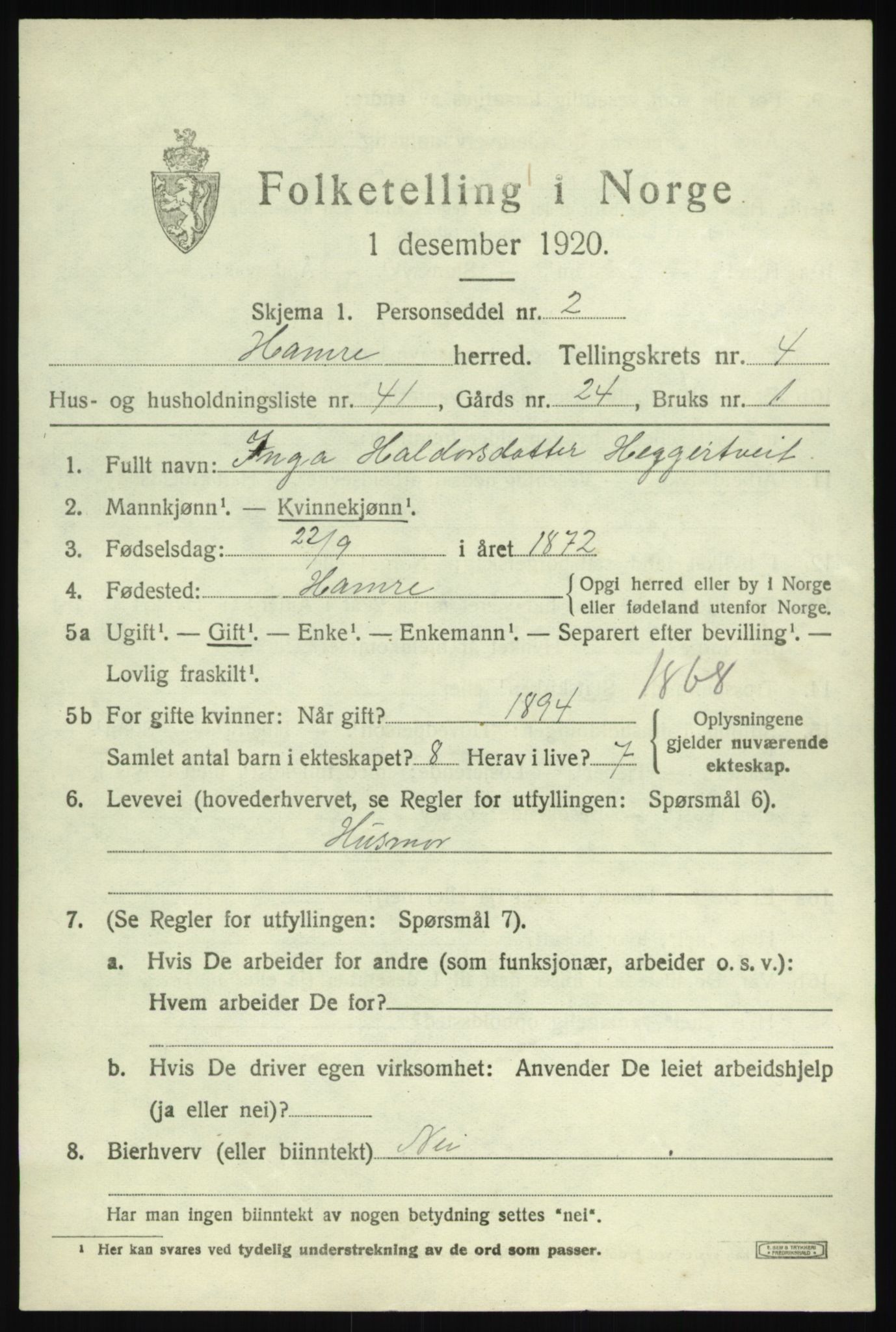 SAB, 1920 census for Hamre, 1920, p. 2793