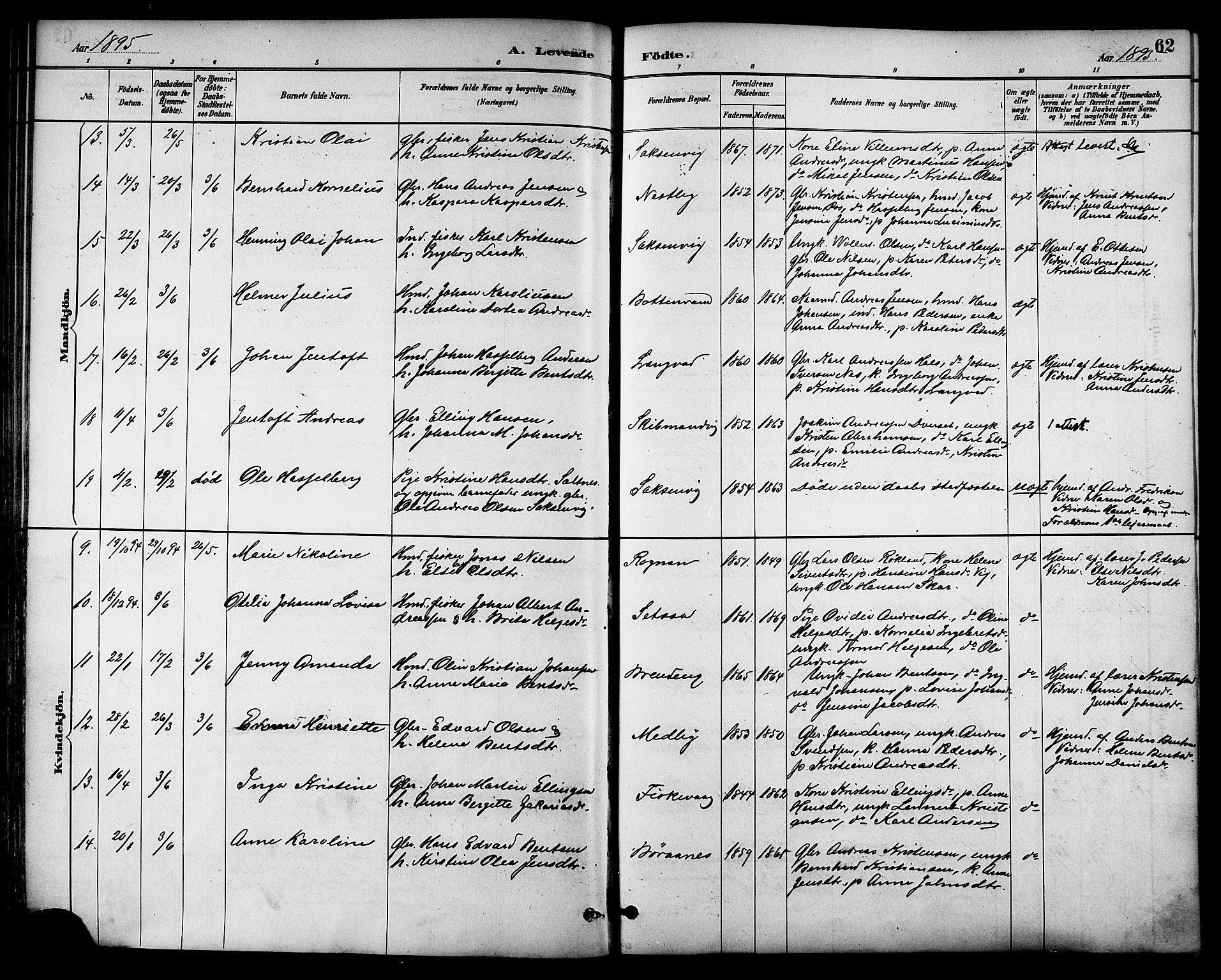 Ministerialprotokoller, klokkerbøker og fødselsregistre - Nordland, AV/SAT-A-1459/847/L0669: Parish register (official) no. 847A09, 1887-1901, p. 62