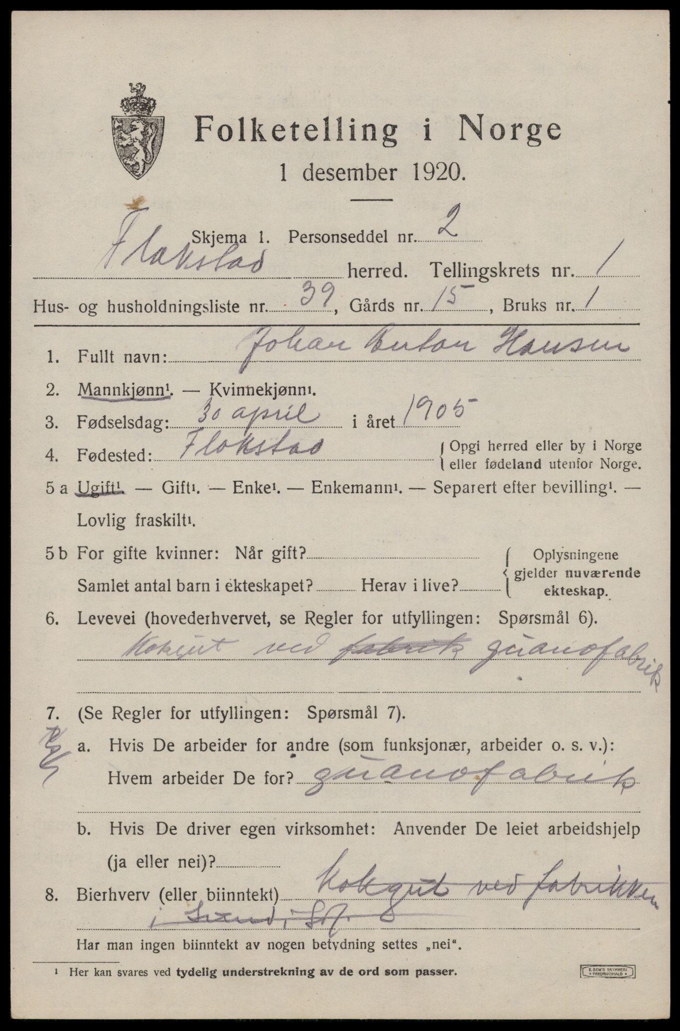 SAT, 1920 census for Flakstad, 1920, p. 1025