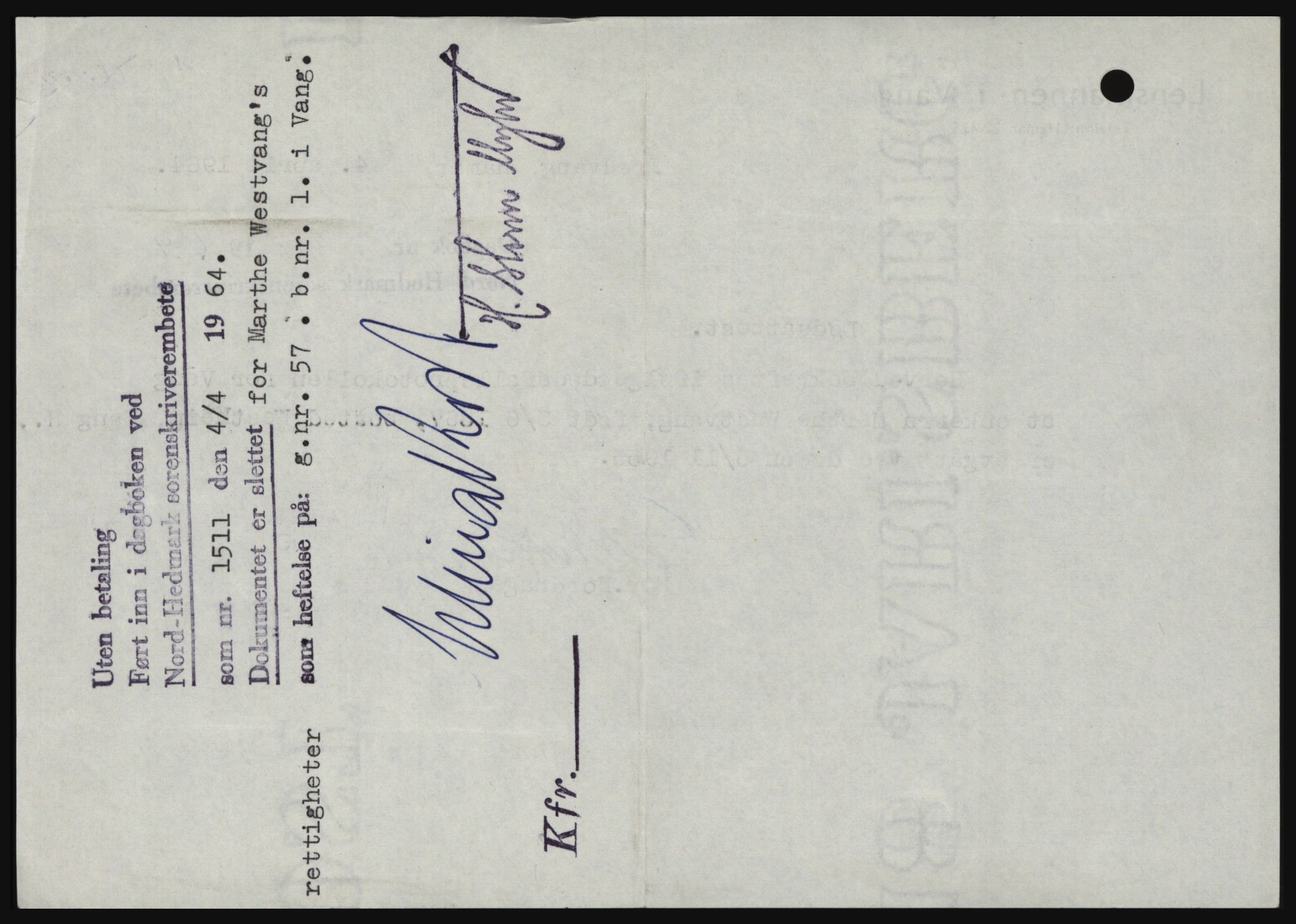 Nord-Hedmark sorenskriveri, SAH/TING-012/H/Hc/L0019: Mortgage book no. 19, 1963-1964, Diary no: : 1511/1964