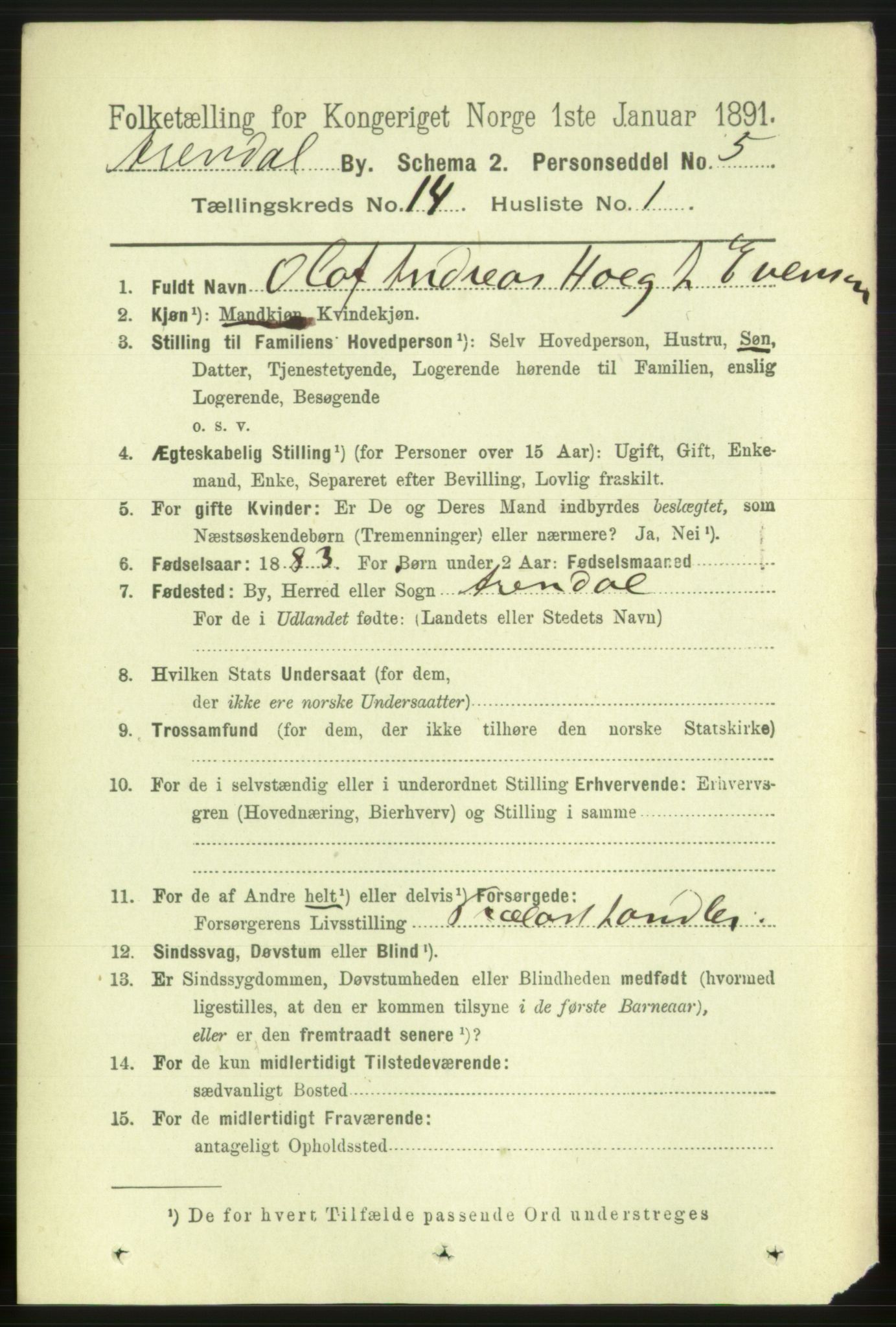 RA, 1891 census for 0903 Arendal, 1891, p. 4774