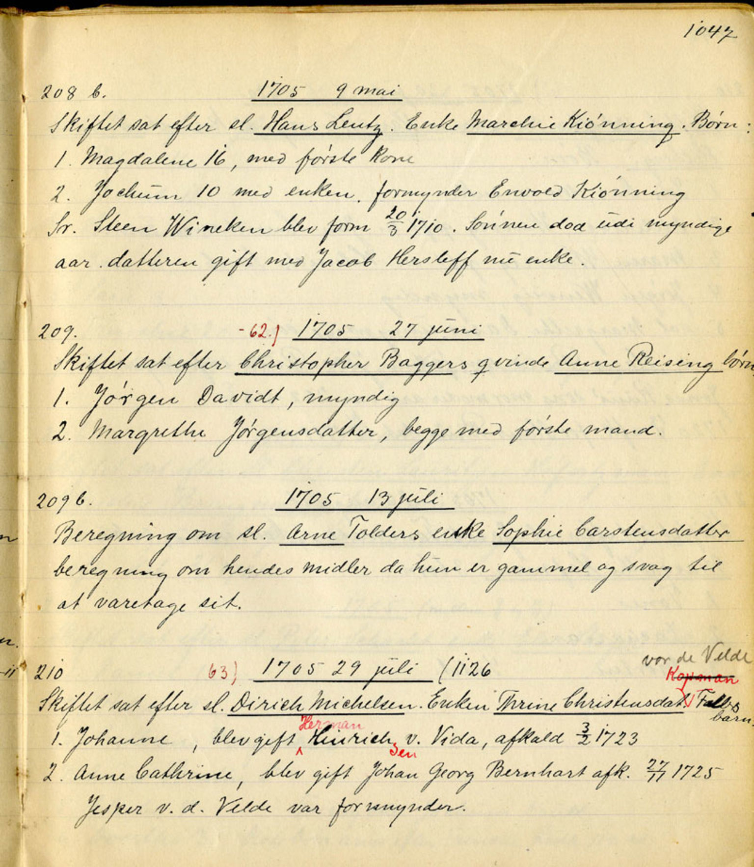 Sollied, Olaf og Thora - samlinger, AV/SAB-SAB/DA-0401/01/L0010/0004: Skifte: Utdrag av skifteprotokoller / 95 Skifteprotokoller: utdrag, 1704-1720, p. 1047