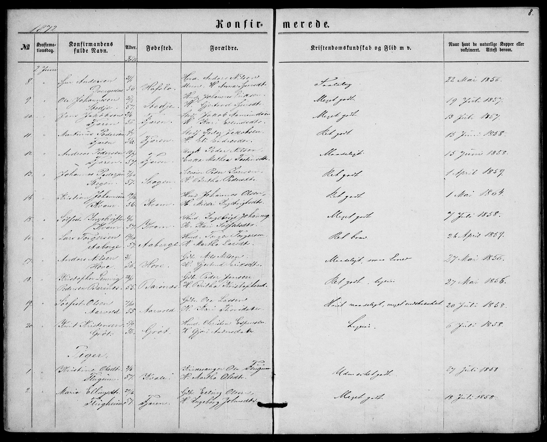 Sogndal sokneprestembete, AV/SAB-A-81301/H/Haa/Haaa/L0015: Parish register (official) no. A 15, 1871-1904, p. 8