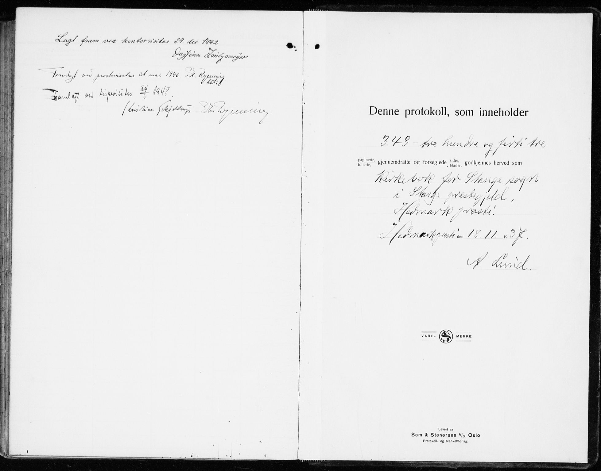 Stange prestekontor, SAH/PREST-002/K/L0027: Parish register (official) no. 27, 1937-1947