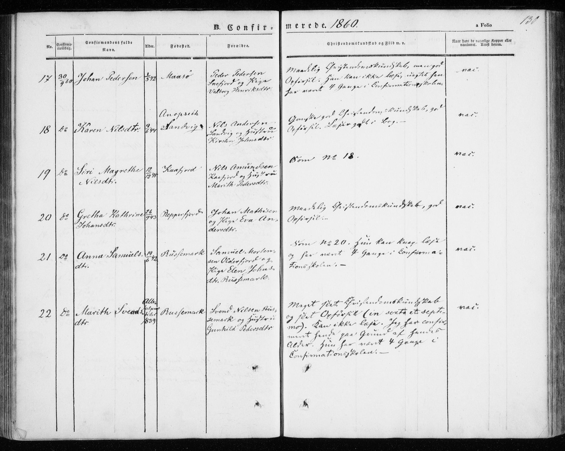 Kistrand/Porsanger sokneprestembete, AV/SATØ-S-1351/H/Ha/L0004.kirke: Parish register (official) no. 4, 1843-1860, p. 130