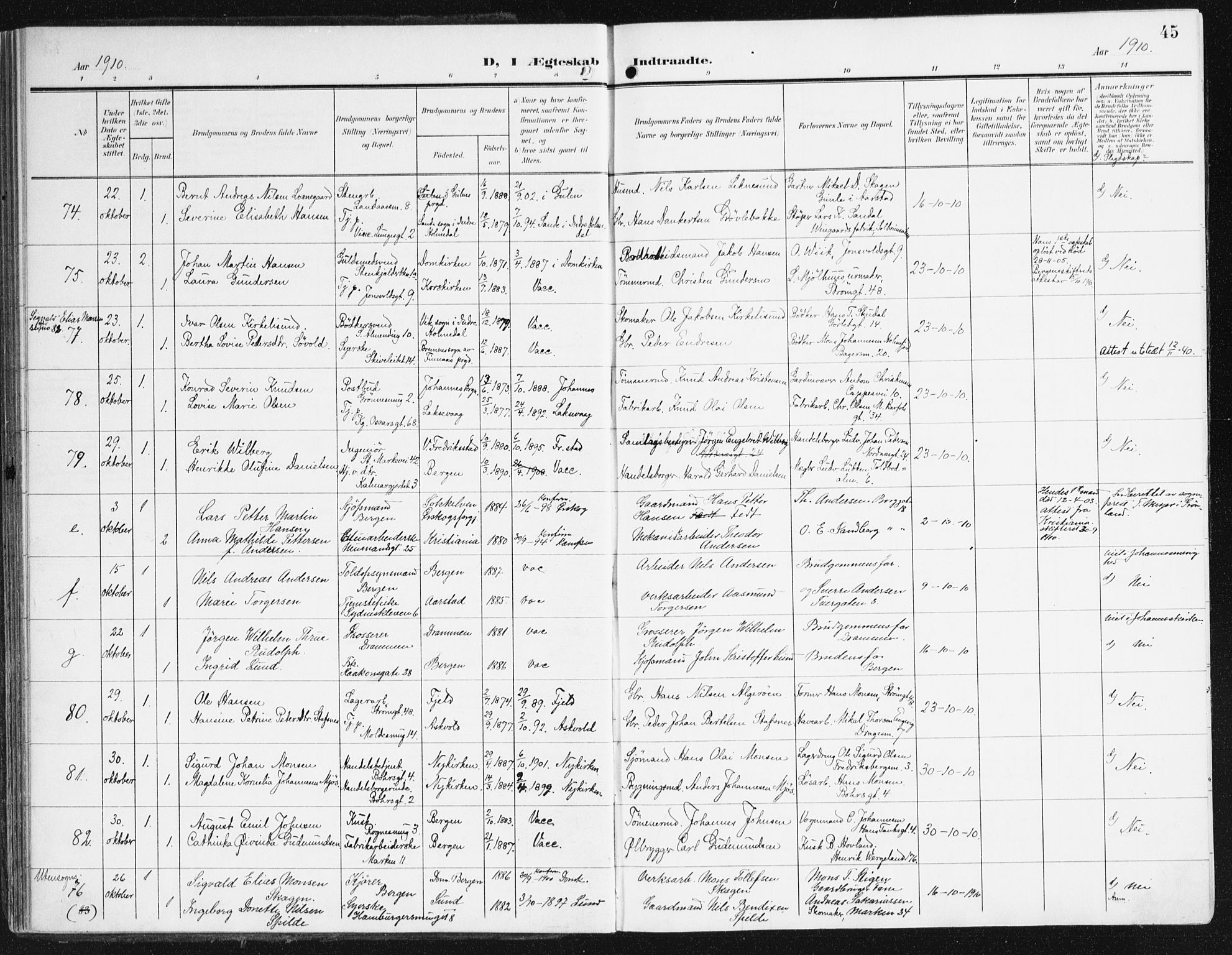 Domkirken sokneprestembete, AV/SAB-A-74801/H/Haa/L0038: Parish register (official) no. D 5, 1906-1921, p. 45