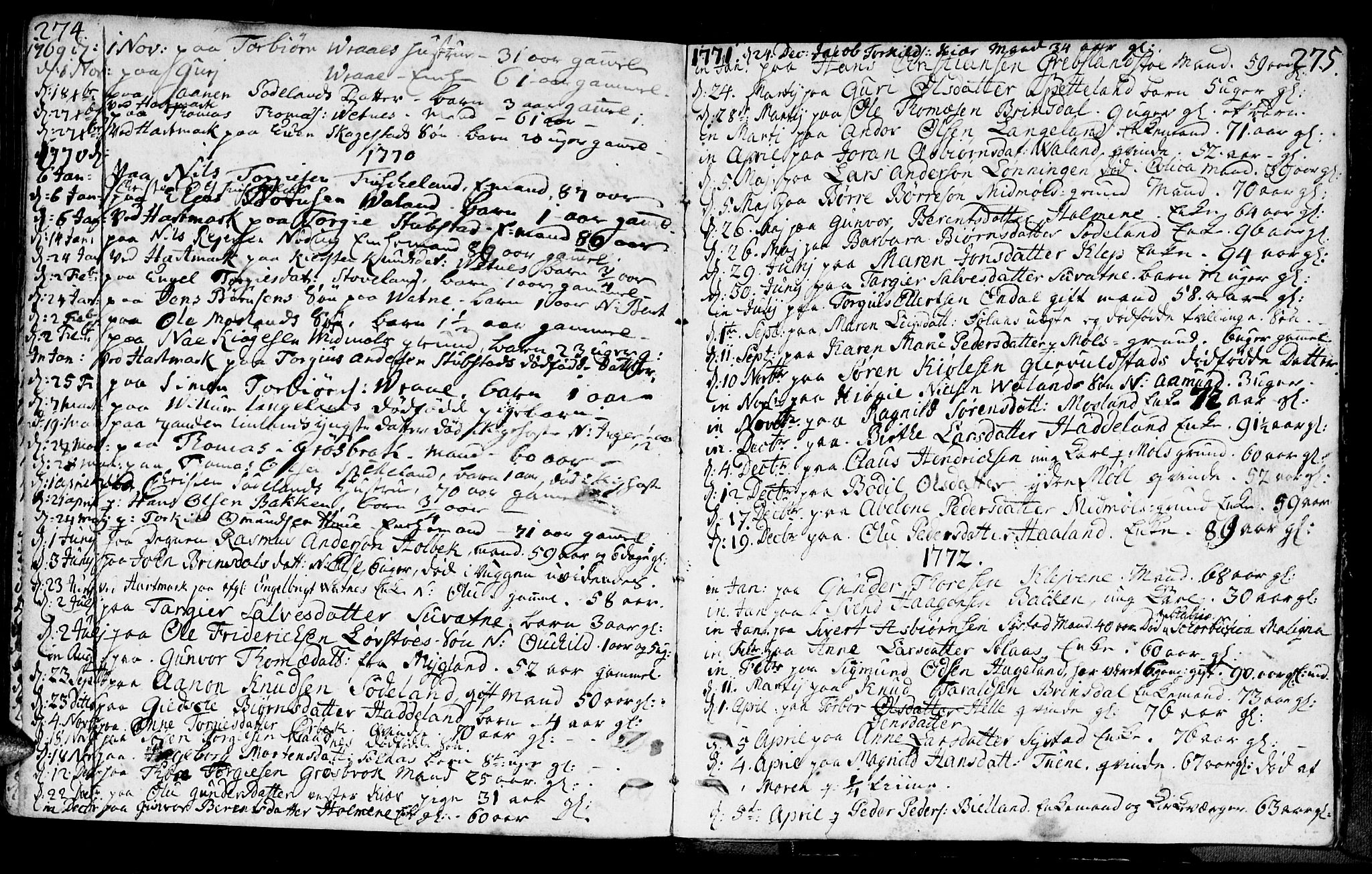 Holum sokneprestkontor, SAK/1111-0022/F/Fa/Faa/L0002: Parish register (official) no. A 2, 1756-1780, p. 274-275